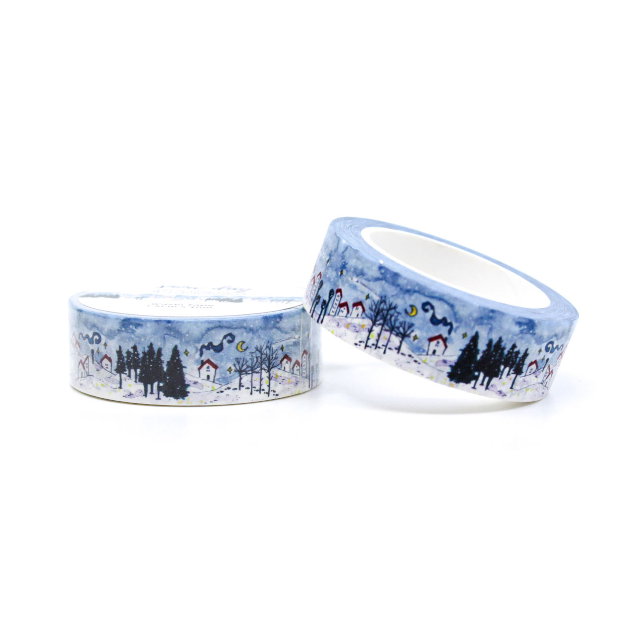 Winter stationery washi tape with watercolor cottages and snow scene, ideal for Bujo and scrapbook crafts.