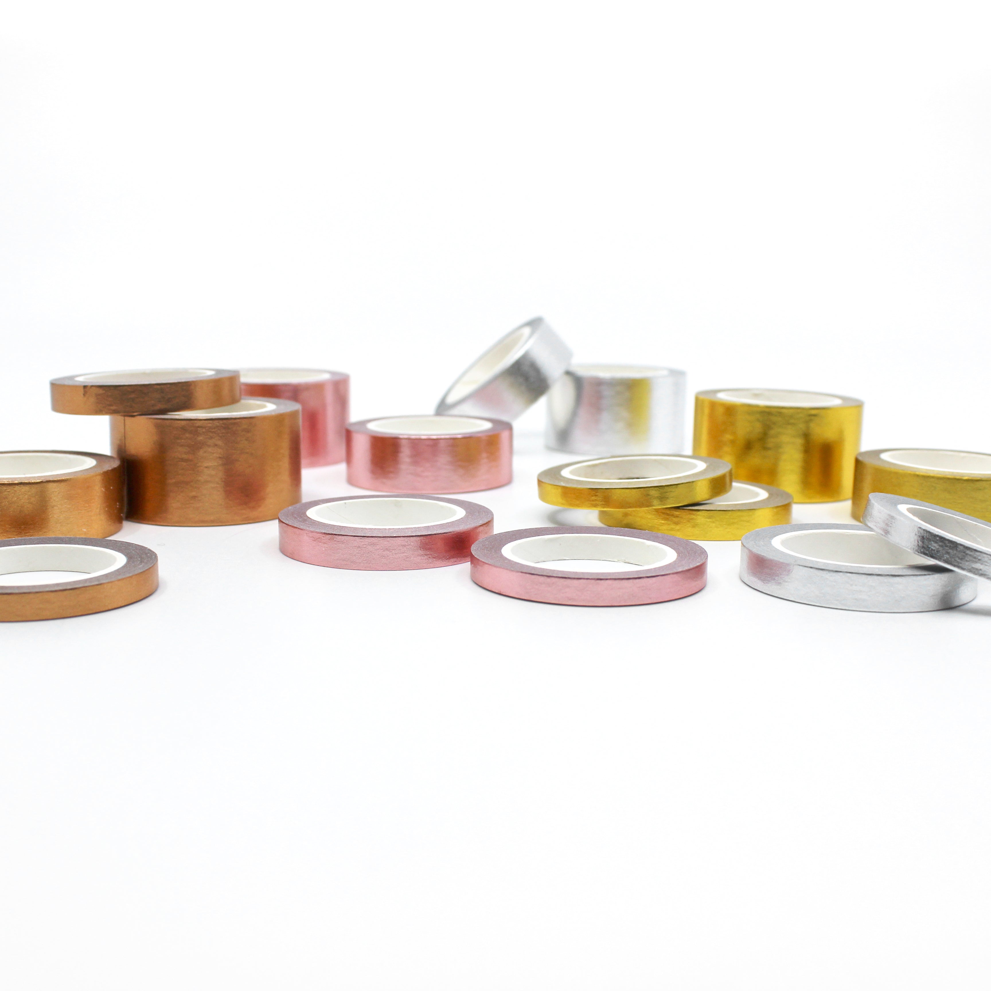 Discover a world of possibilities with our solid foil tapes. Available in gold, silver, rose gold, and copper, these stunning washi tapes offer the most extensive range of sizes to suit all your crafting needs. Choose from a variety of widths and lengths to create beautifully detailed and eye-catching designs. These tapes are sold only at BBB Supplies Craft Shop.