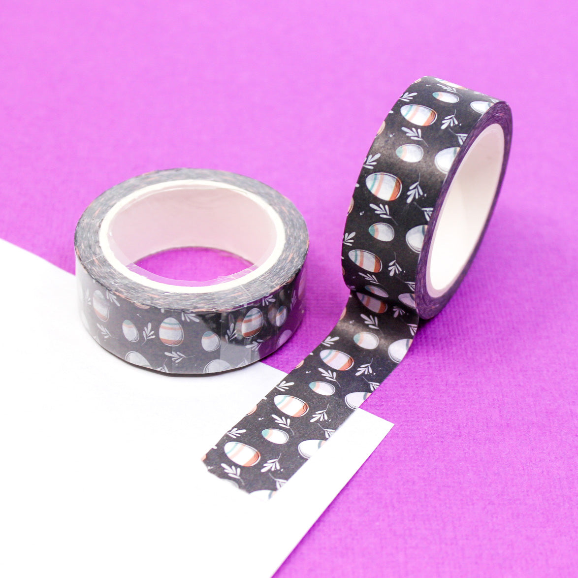 Black & White Easter Egg Washi Tape: Add a classic touch to your Easter crafts with this black and white Easter egg washi tape. Perfect for card-making, scrapbooking, and more. This tape is sold at BBB Supplies Craft Shop.