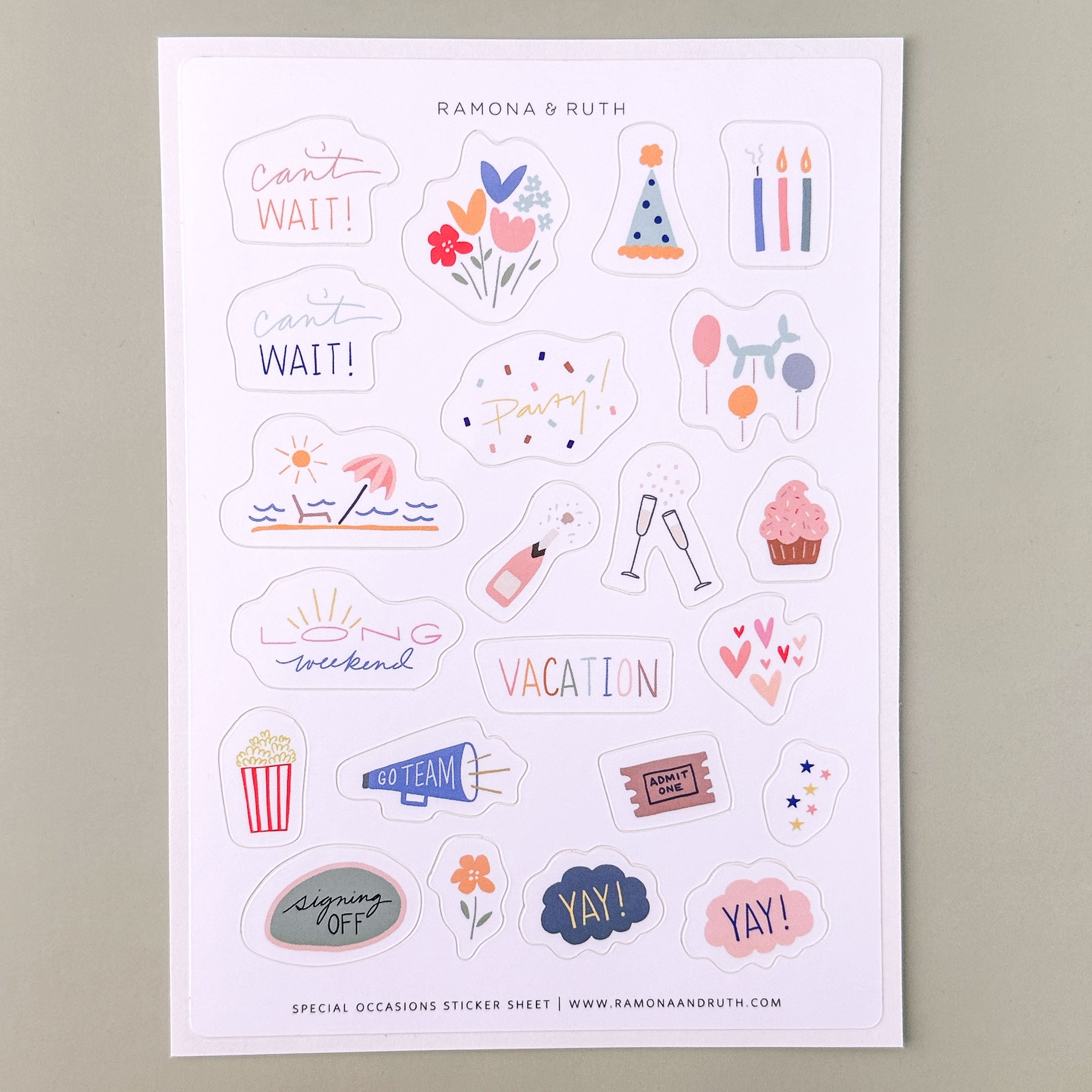 Sheet of decorative stickers with Special Occasion Sticker Sheet with birthday, party, and vacation illustrations