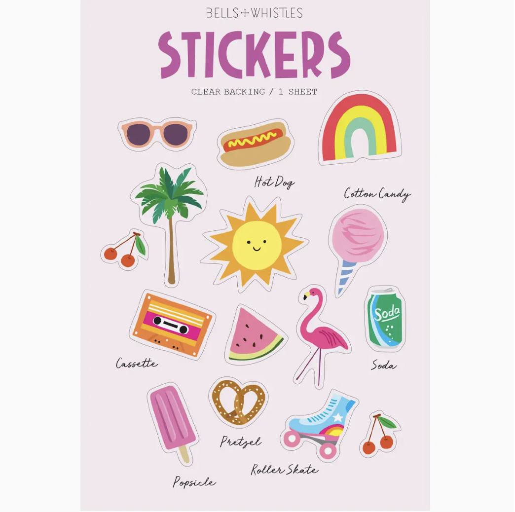 Summer icon sticker sheet with beach and tropical designs for journaling and scrapbooking.