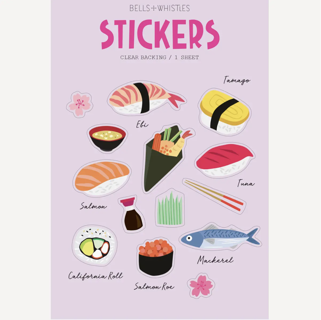 Colorful sushi sticker sheet with cute nigiri, rolls, and sushi icons for planners