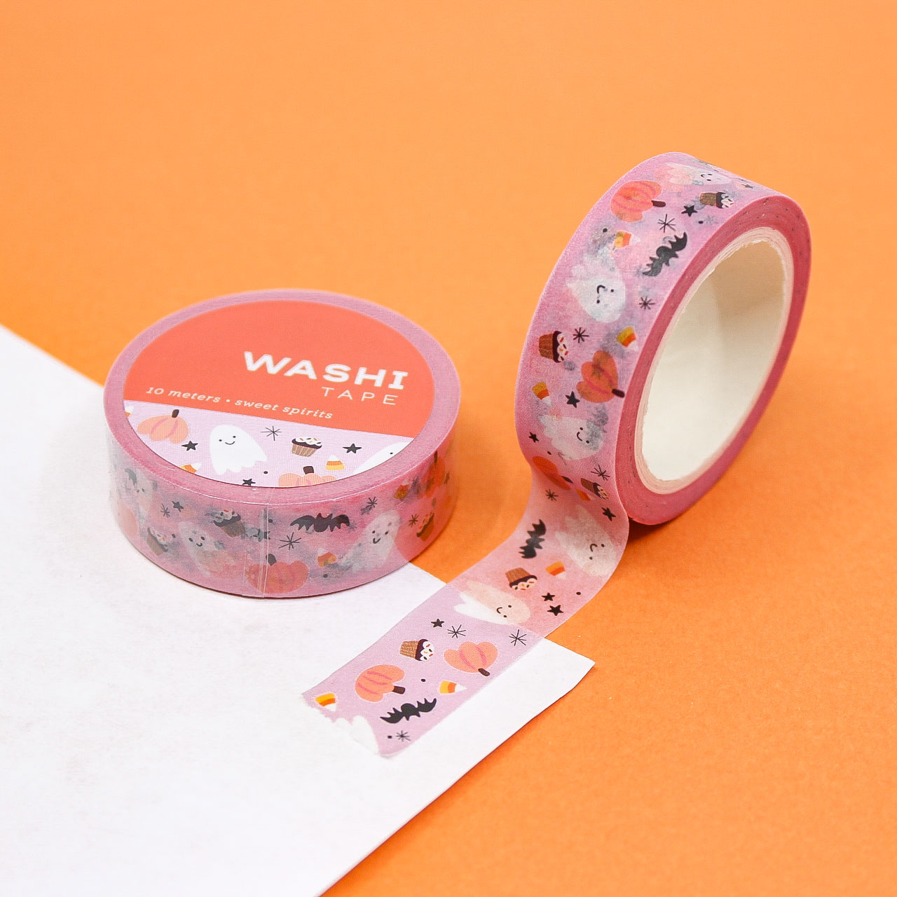 Sweet Spirits Friendly Ghost Washi Tape featuring adorable smiling ghosts, bats, and pumpkins on a colorful background, perfect for Halloween-themed crafting and decorating.