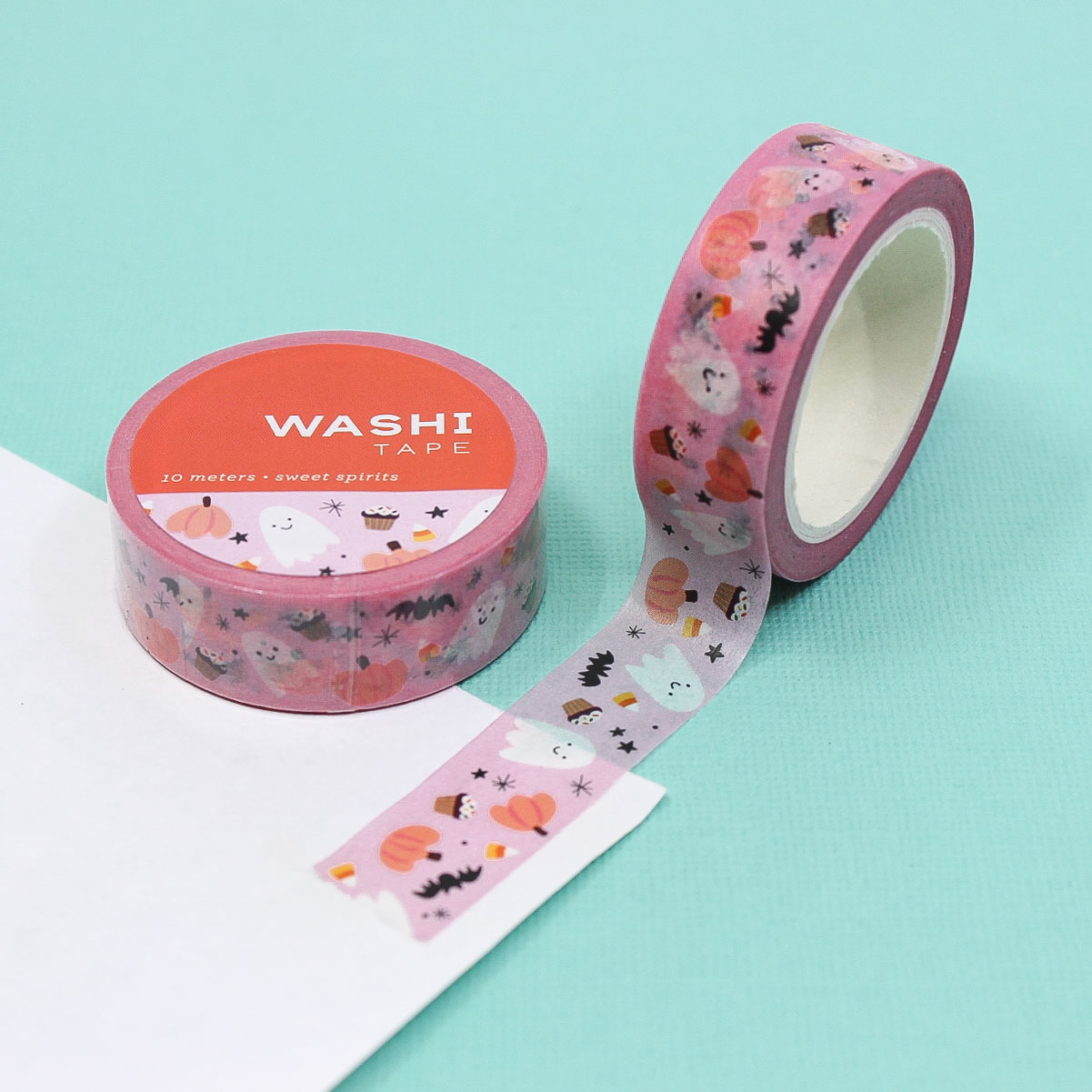 Sweet Spirits Friendly Ghost Washi Tape featuring adorable smiling ghosts, bats, and pumpkins on a colorful background, perfect for Halloween-themed crafting and decorating.