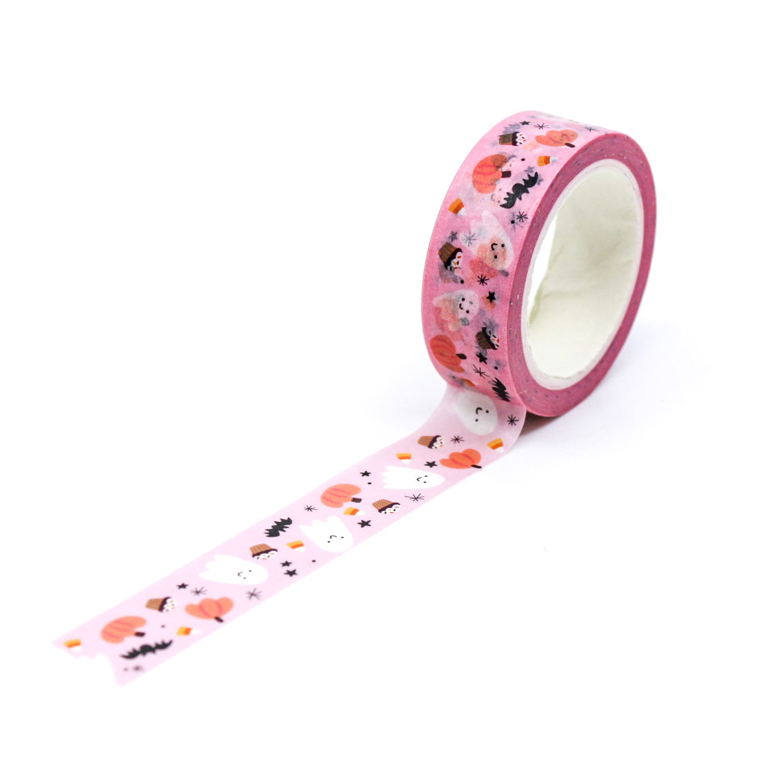 Sweet Spirits Friendly Ghost Washi Tape featuring adorable smiling ghosts, bats, and pumpkins on a colorful background, perfect for Halloween-themed crafting and decorating.