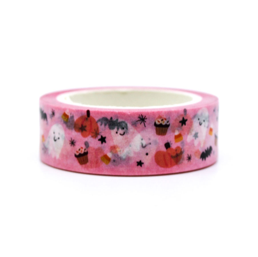 Sweet Spirits Friendly Ghost Washi Tape featuring adorable smiling ghosts, bats, and pumpkins on a colorful background, perfect for Halloween-themed crafting and decorating.