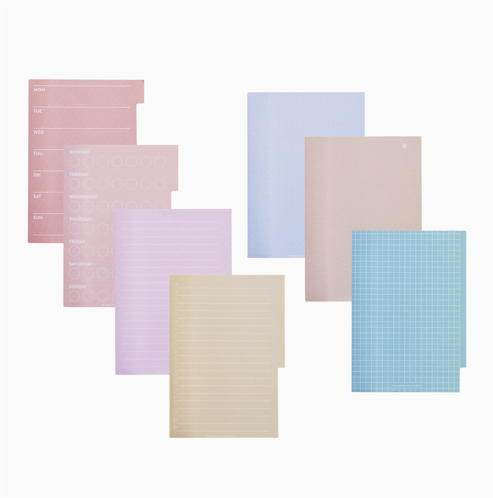 Picture of the 7 variety styles of these functional Sticky Notes for habit tracking, notes, and daily planning in a neutral modern design