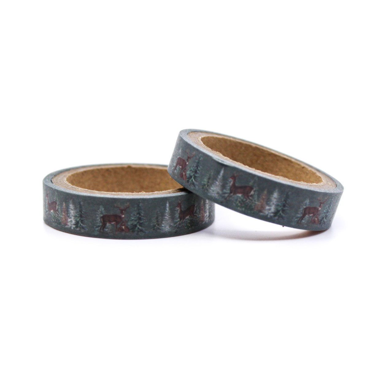 Two rolls of woodland themed washi tape with deer and evergreen illustrations.