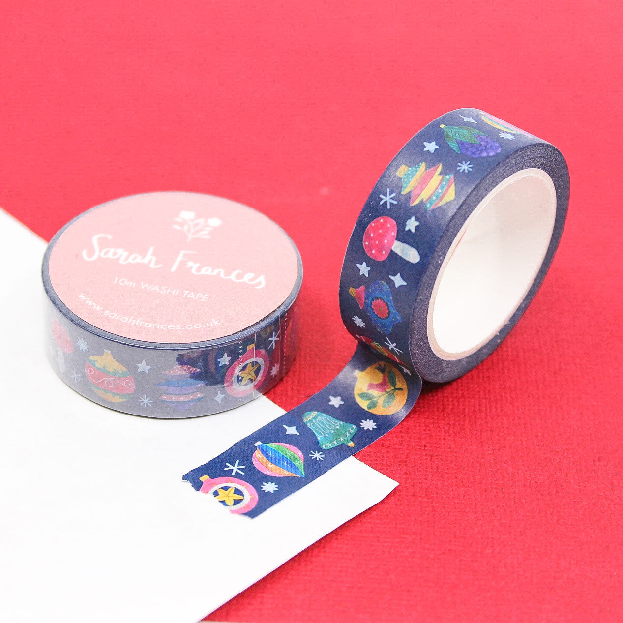 Vintage Ornament Washi Tape with colorful ornaments on navy background