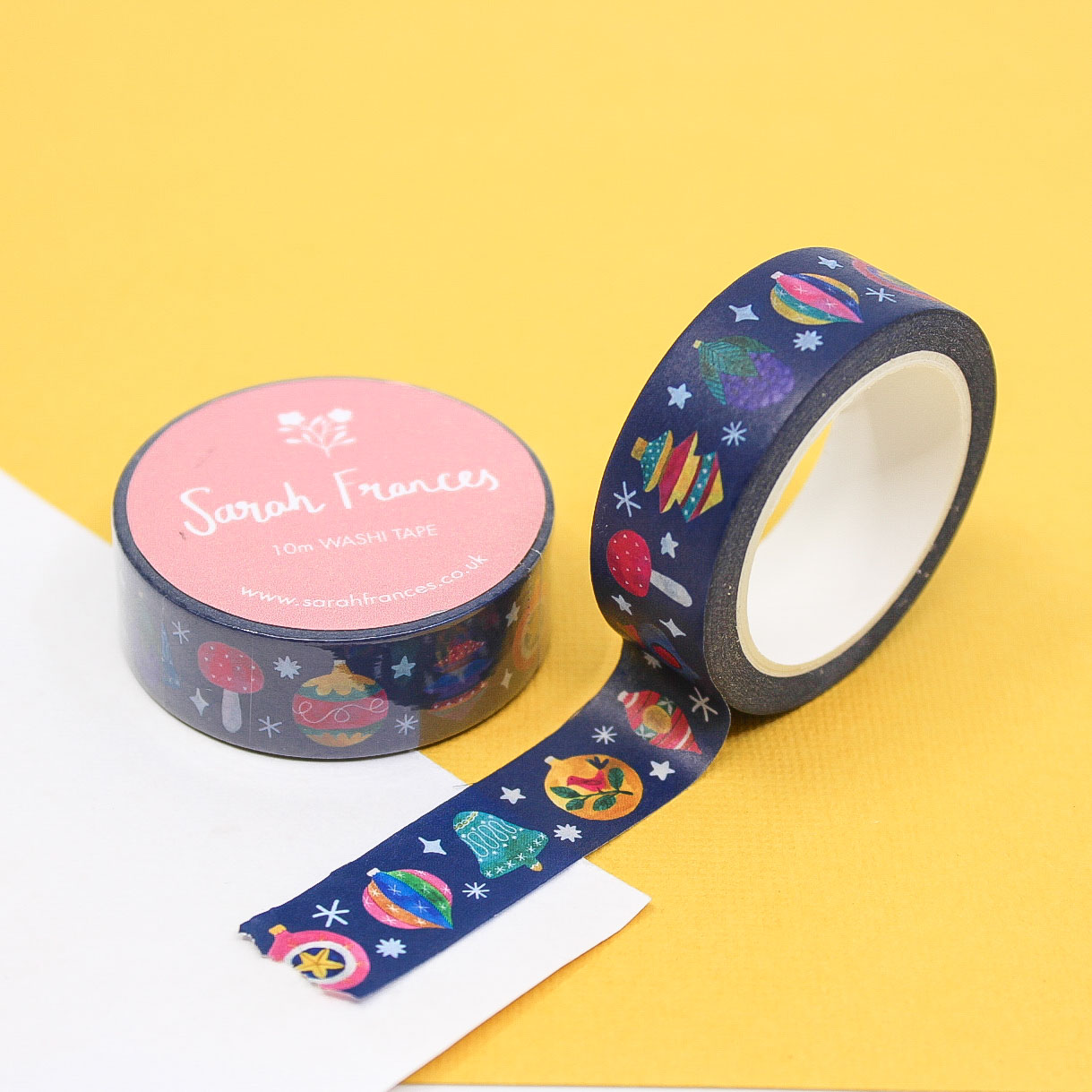 Retro Christmas washi tape featuring bright holiday ornaments