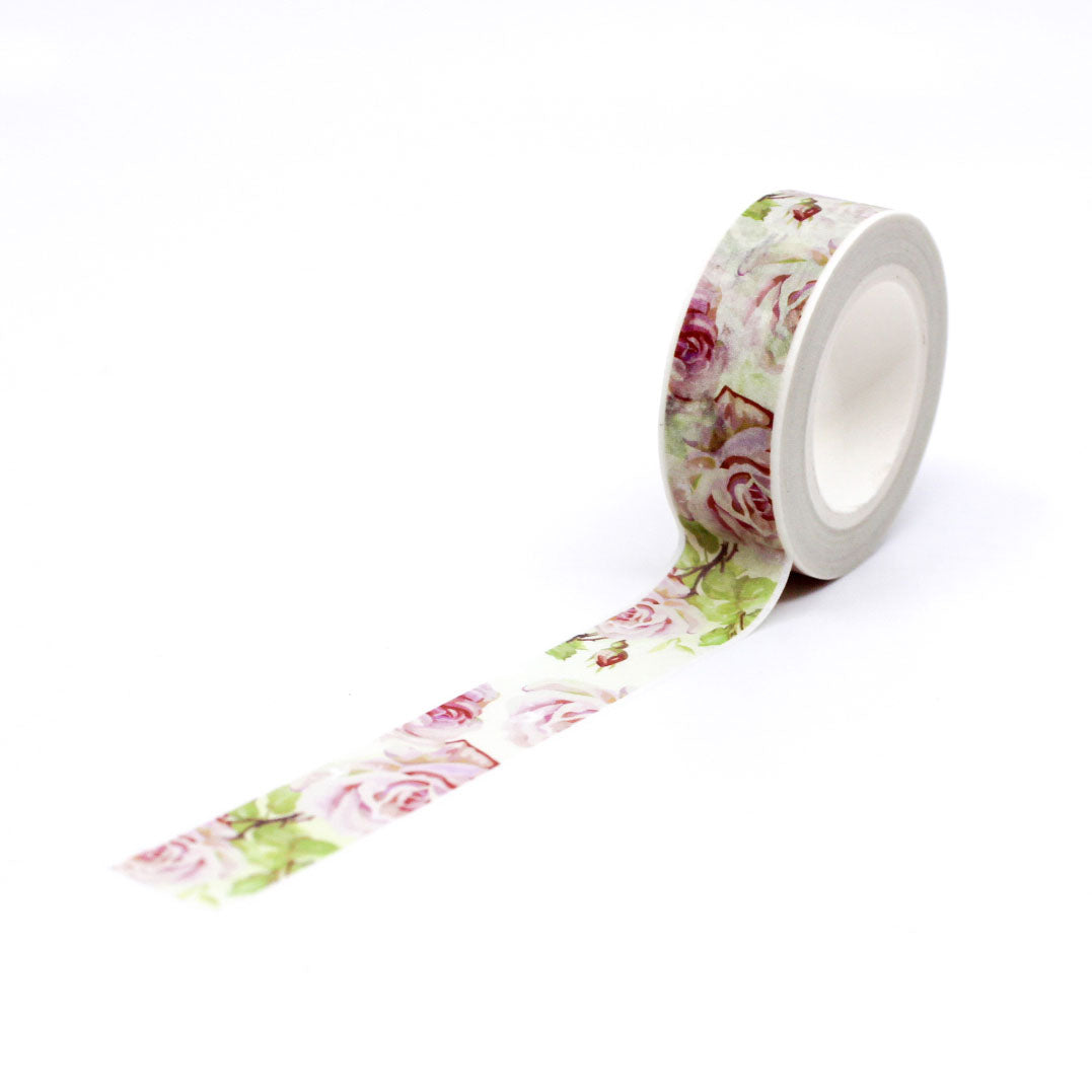 Soft pink rose and green leaf decorative tape for scrapbooking and journaling.