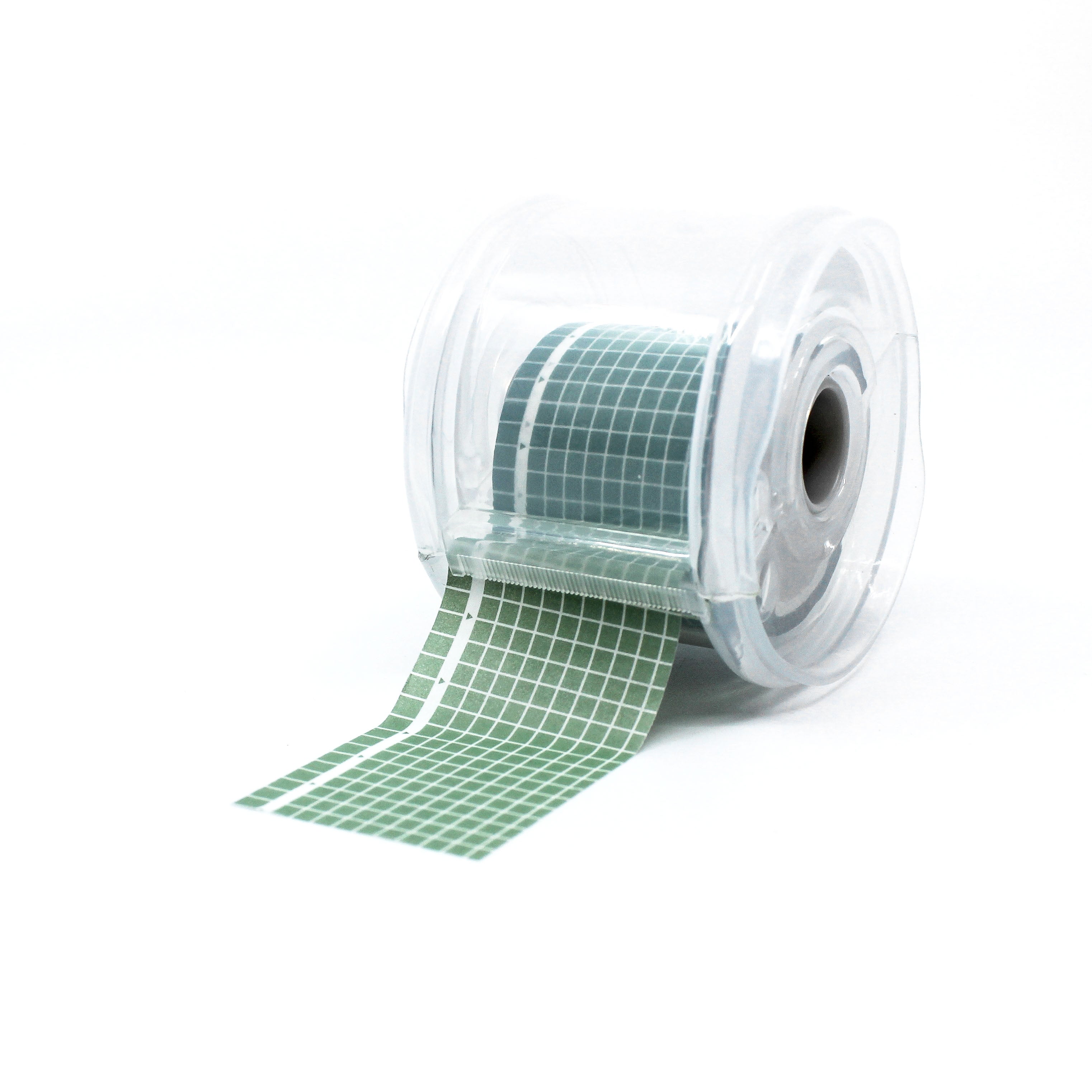 Roll of green grid tape inside the dispenser from BBB Supplies on a white background