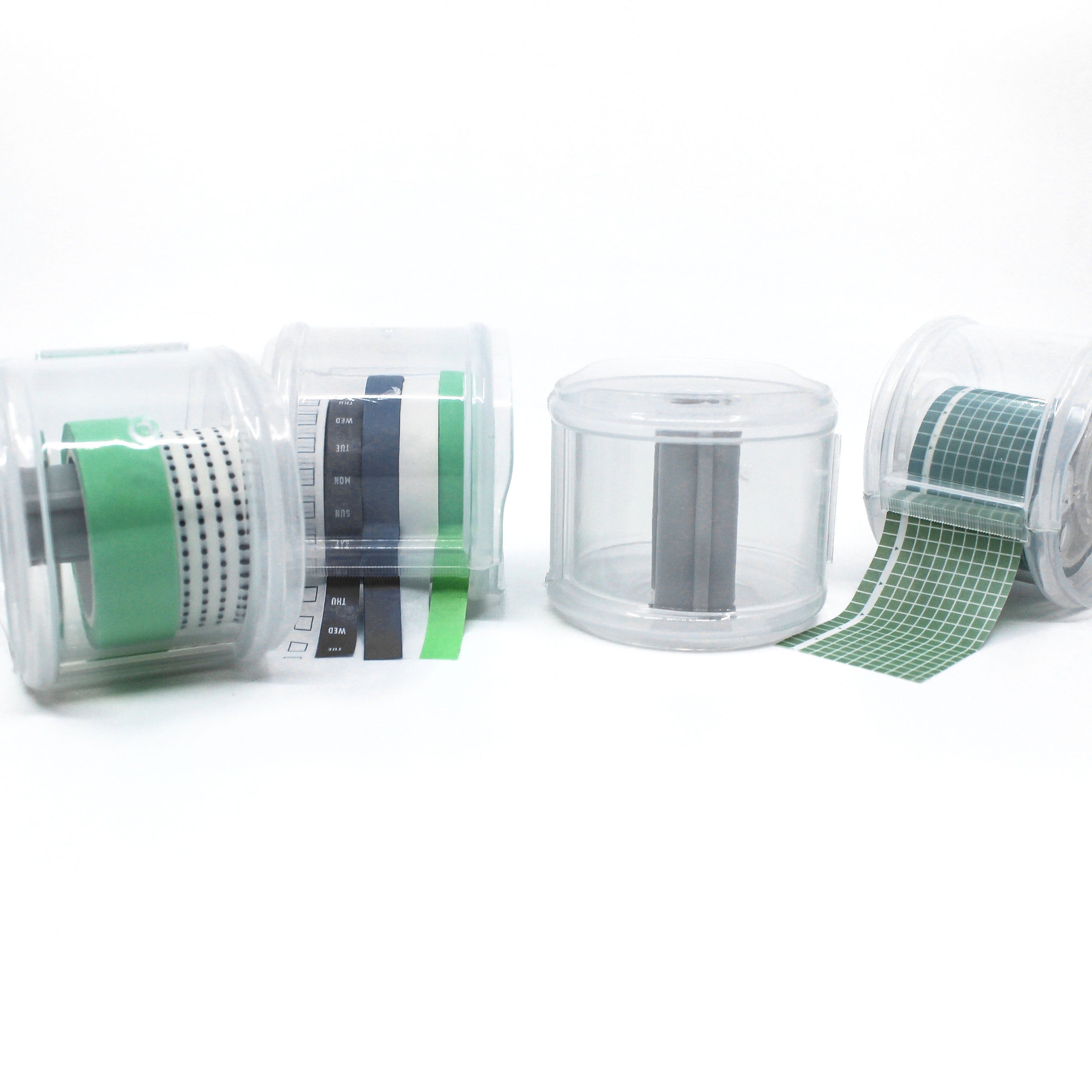 Multiple washi tape dispenser tools showing the size rolls of tape you can use from BBB Supplies on a white background
