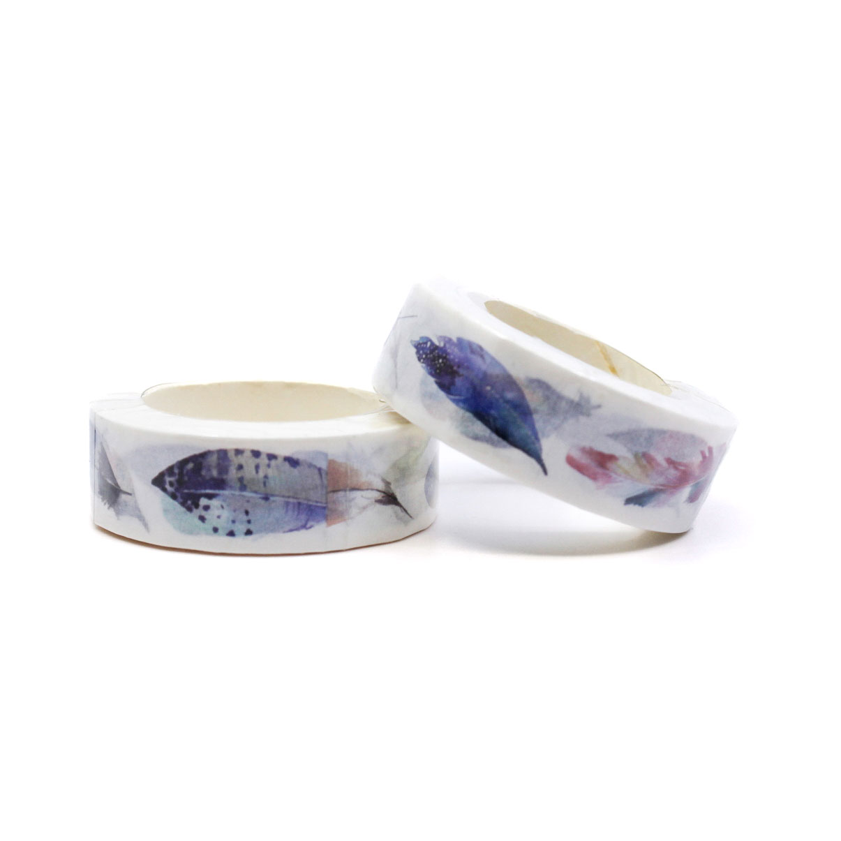 Washi tape with multicolor feather illustrations styled with matching box.
