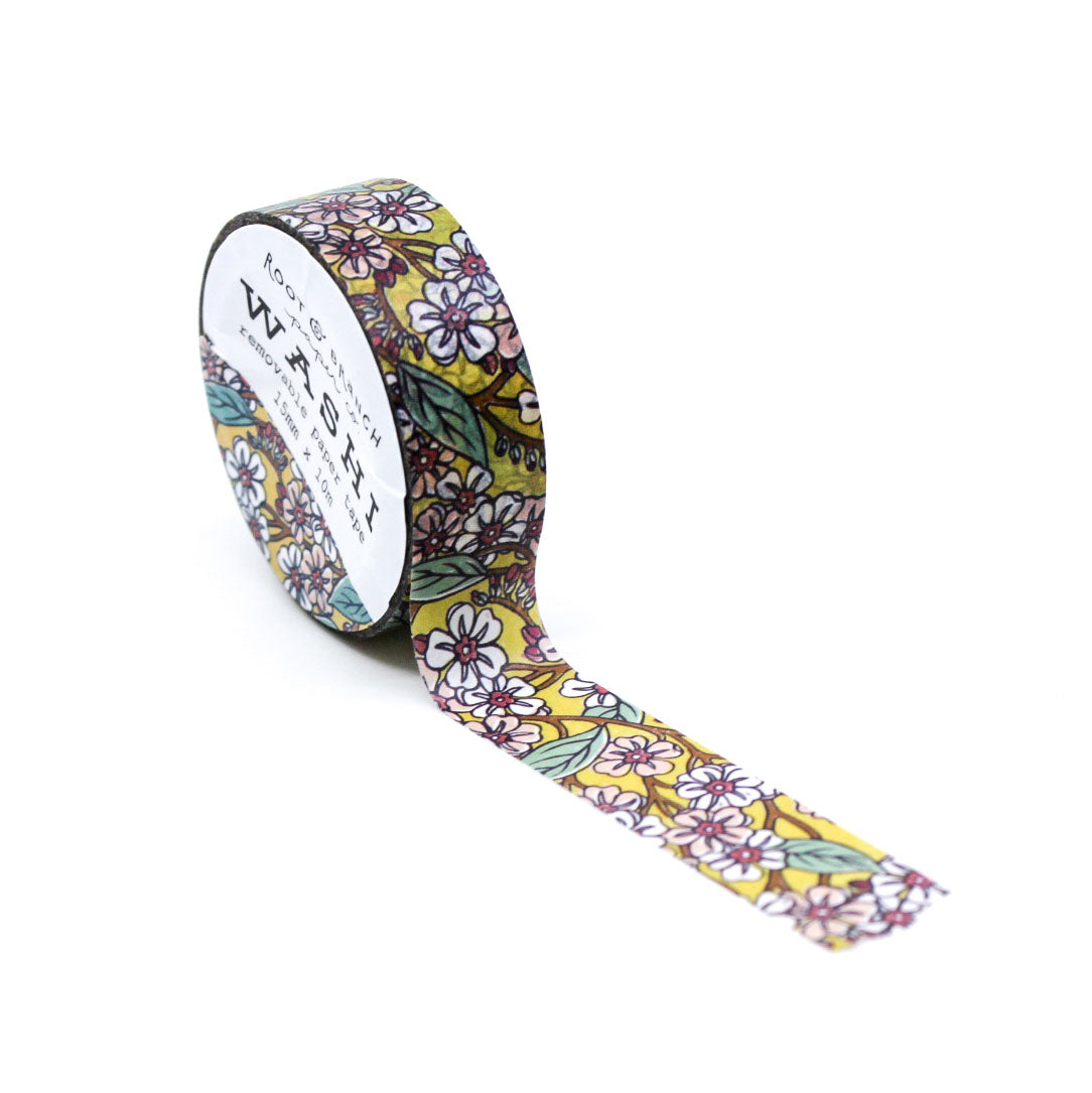 This Pink Blooms Washi Tape features a vibrant yellow backdrop adorned with beautiful pink and white blossoms and foliage, creating a cheerful and lively design. This colorful washi tape is perfect for adding a pop of color and a touch of nature-inspired beauty to your planners, journals, and craft projects