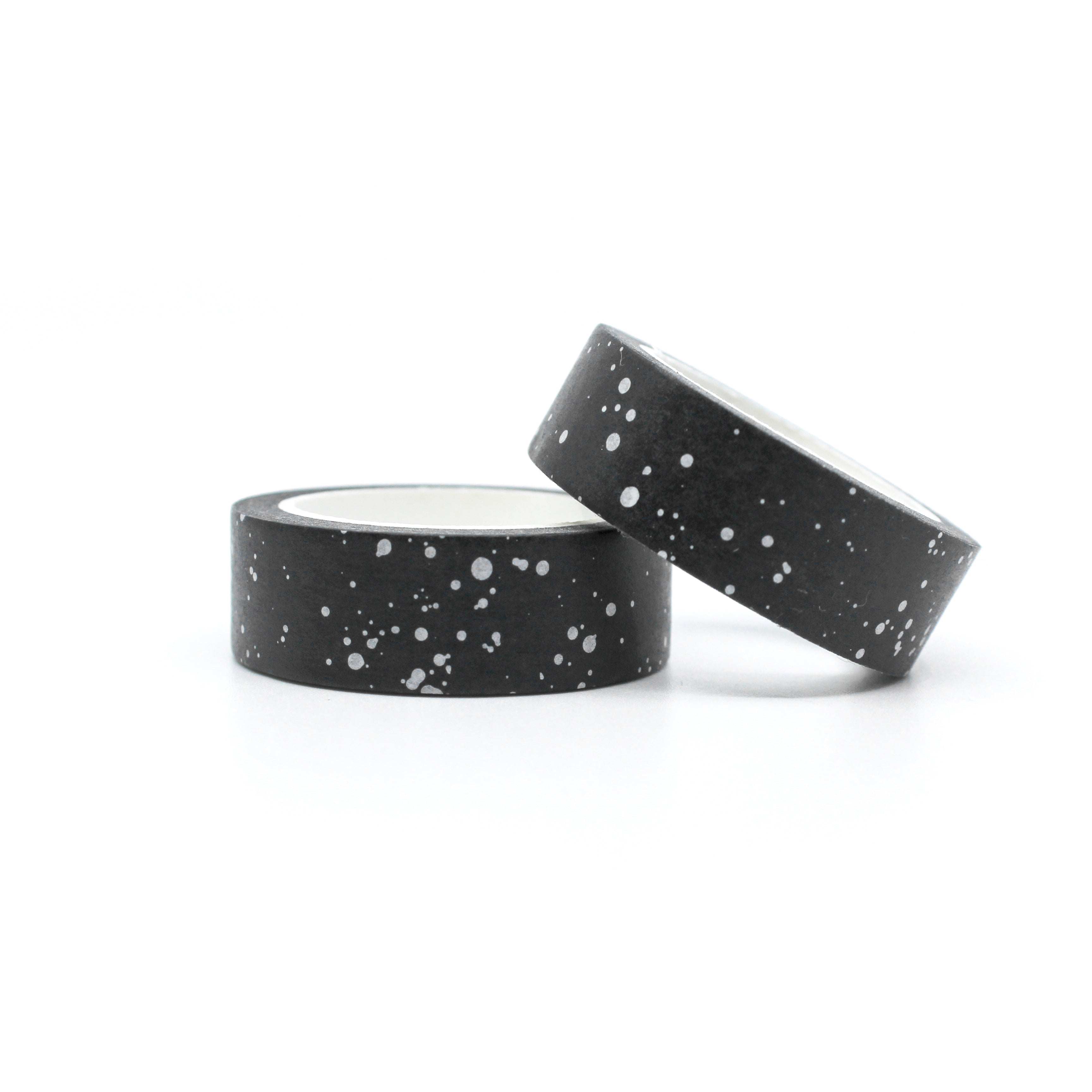This photo is of a modern and fun black and white paint splatter washi tapes from BBB Supplies craft and journaling shop.
