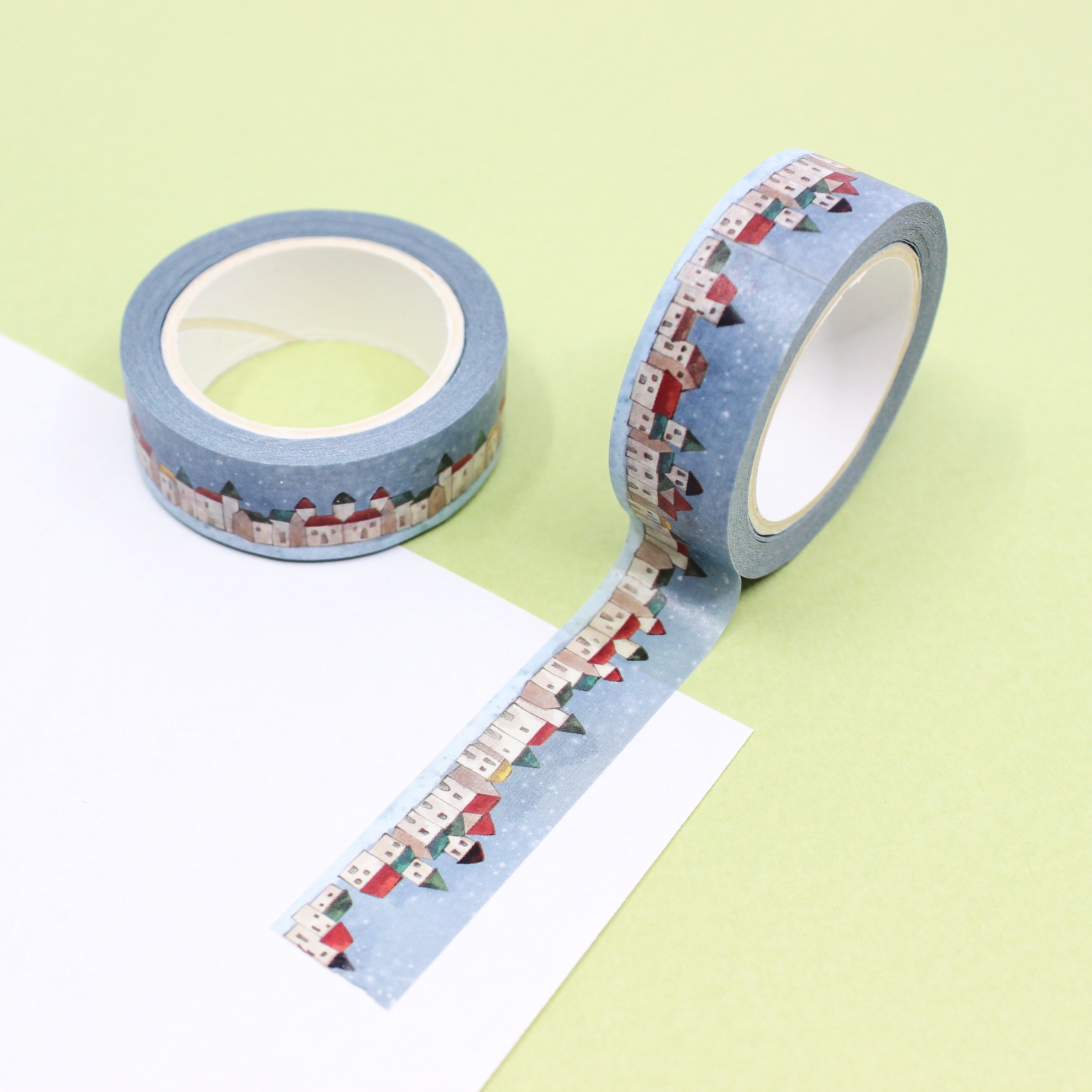 This is a blue snow houses themed washi tape from BBB Supplies Craft Shop