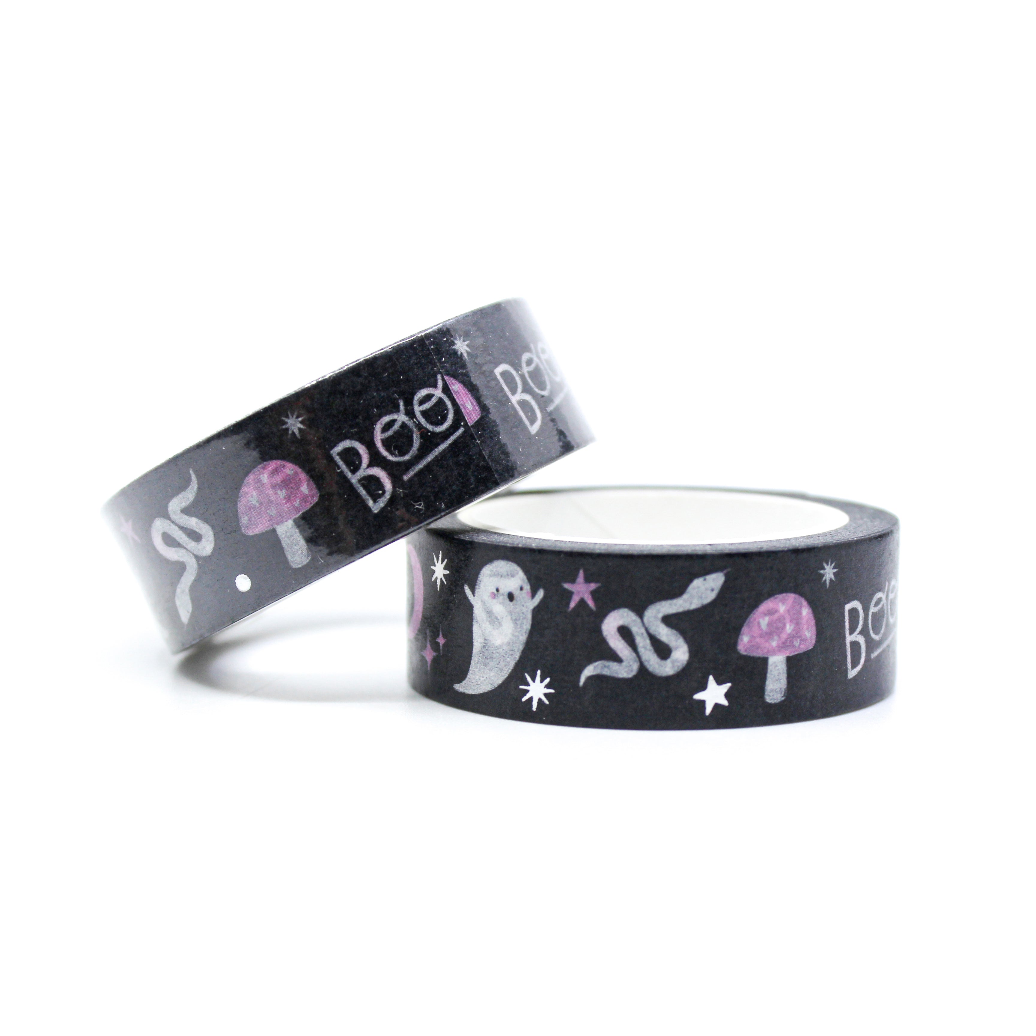 This is a roll of halloween Doodles with moon, heart skull, snake, mushroom and bat washi tapes featuring a Boo Text as well from BBB Supplies Craft Shop
