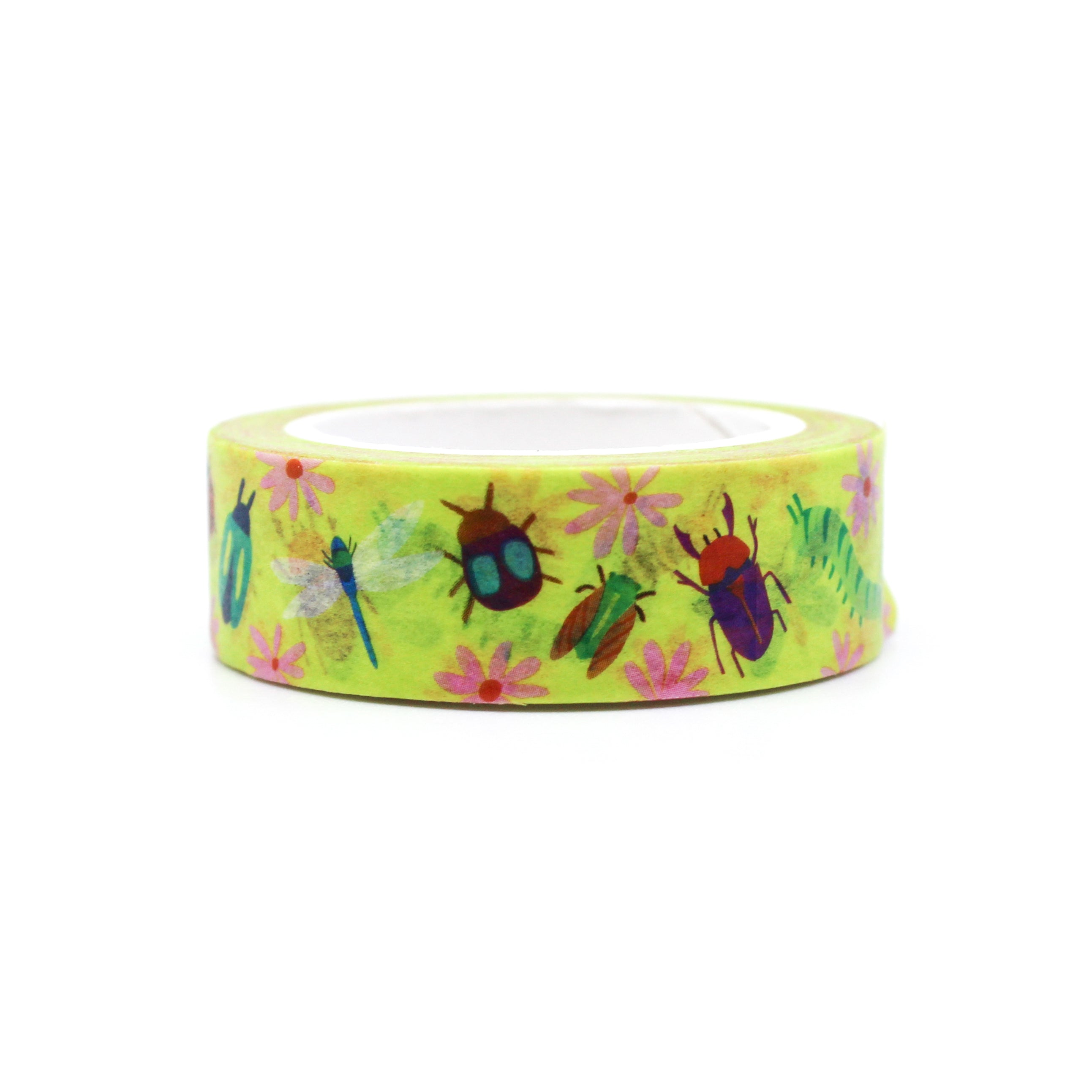 This is a vibrant color insects themed washi Tape. The Pattern includes a caterpillar, dragonfly, beatle bug, and butterfly view of washi tape from BBB Supplies Craft Shop