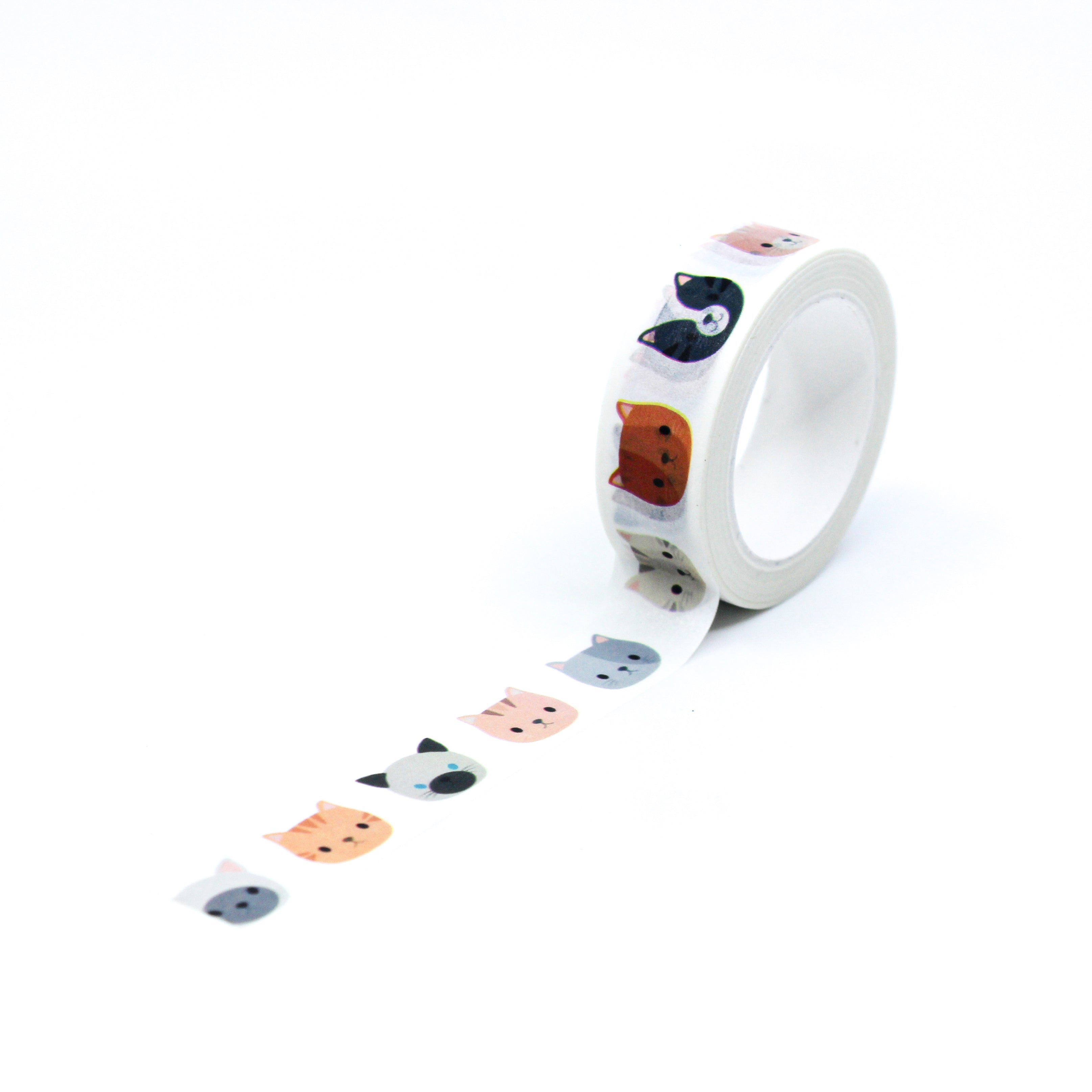 This is a full pattern repeat view of cute cat faces washi tape from BBB Supplies Craft Shop