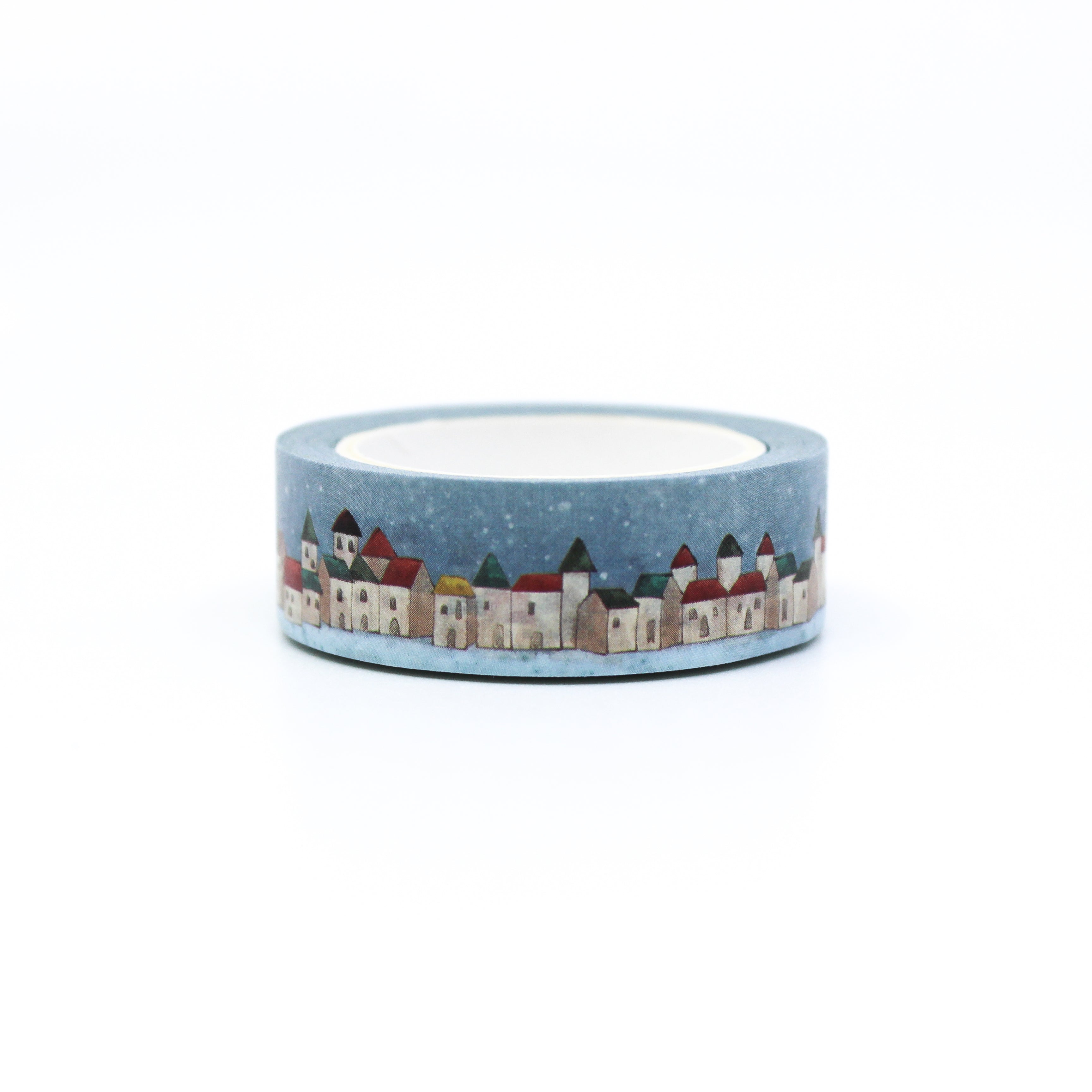 This shows blue winter European village houses pattern themed view of washi tape from BBB Supplies Craft Shop