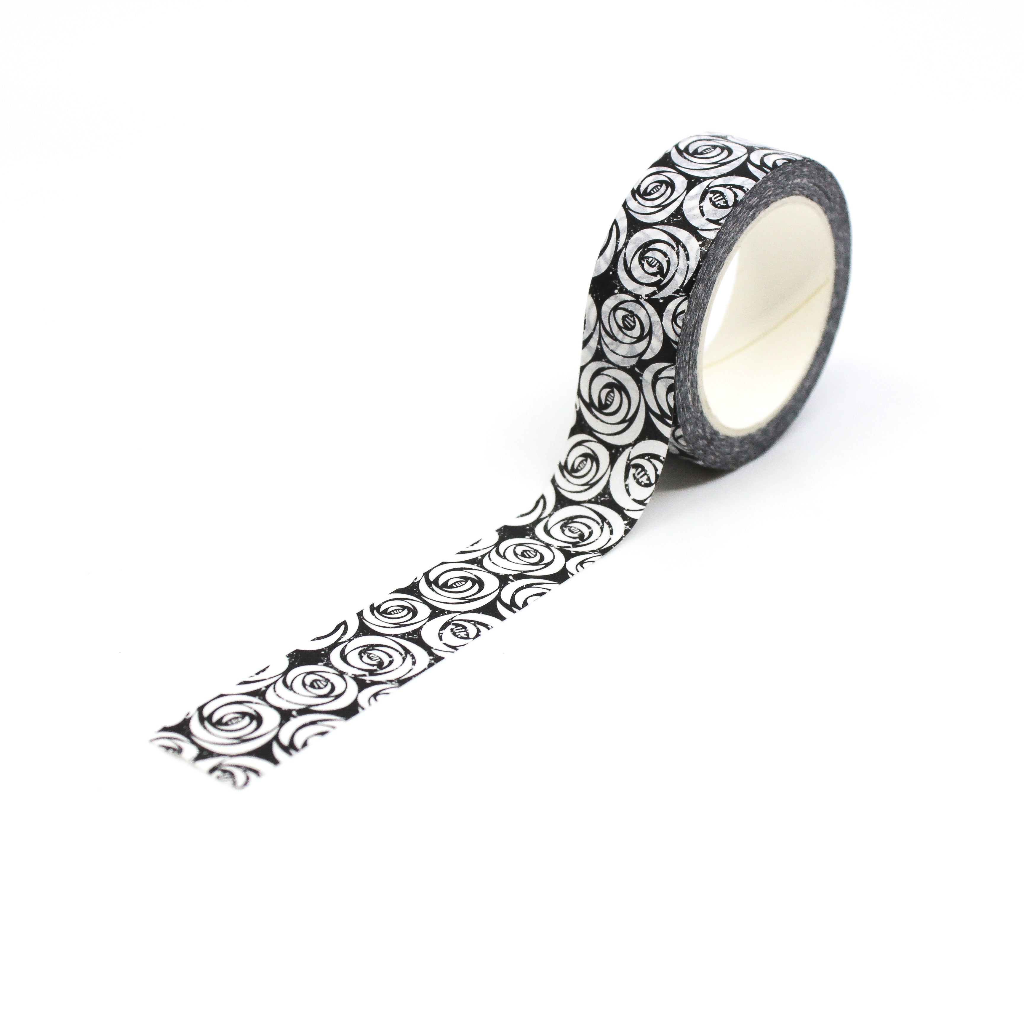This is a full pattern repeat view of black and white rose themed washi tape from BBB Supplies Craft Shop