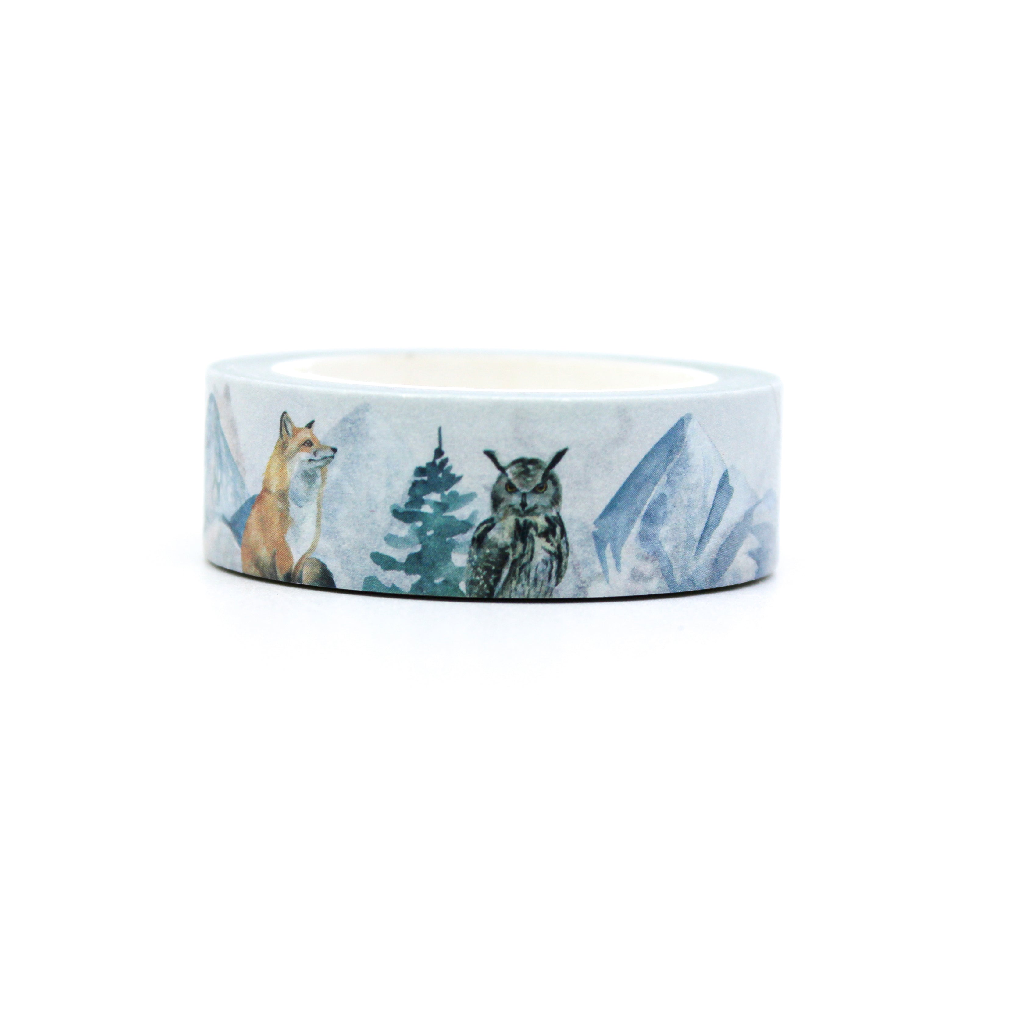 This is a scenery of winterscape includes mountains, trees, and woodland creatures washi tape from BBB Supplies Craft Shop