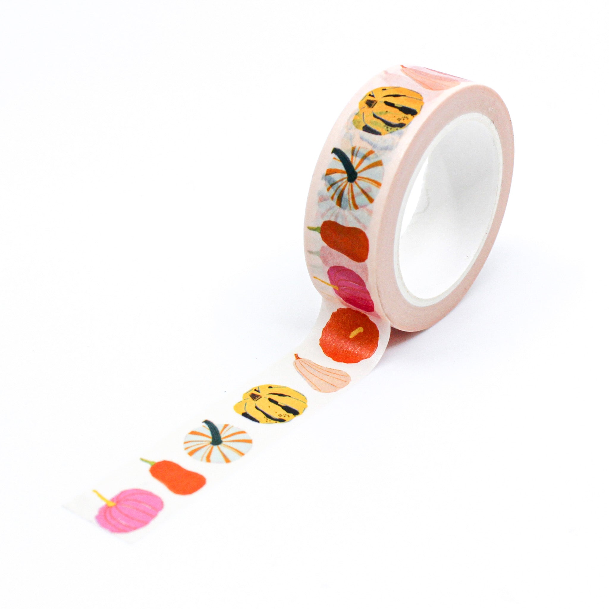 This is a full pattern repeat view of pumpkins and gourds washi tape from BBB Supplies Craft Shop