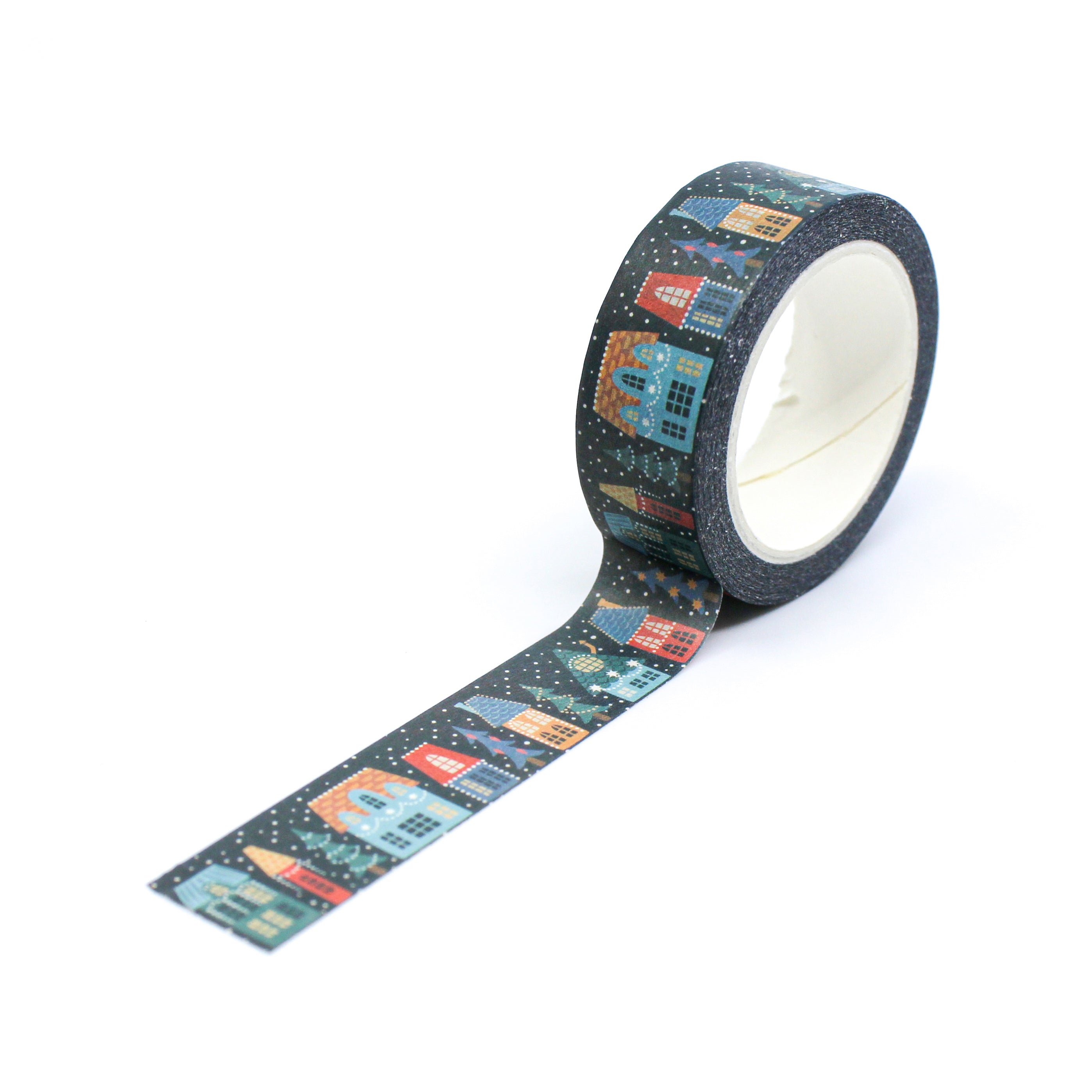 Cute Winter Houses with lights and snow Washi Tape for your Planner, Journal or Calendar from BBB Supplies Craft Shop.