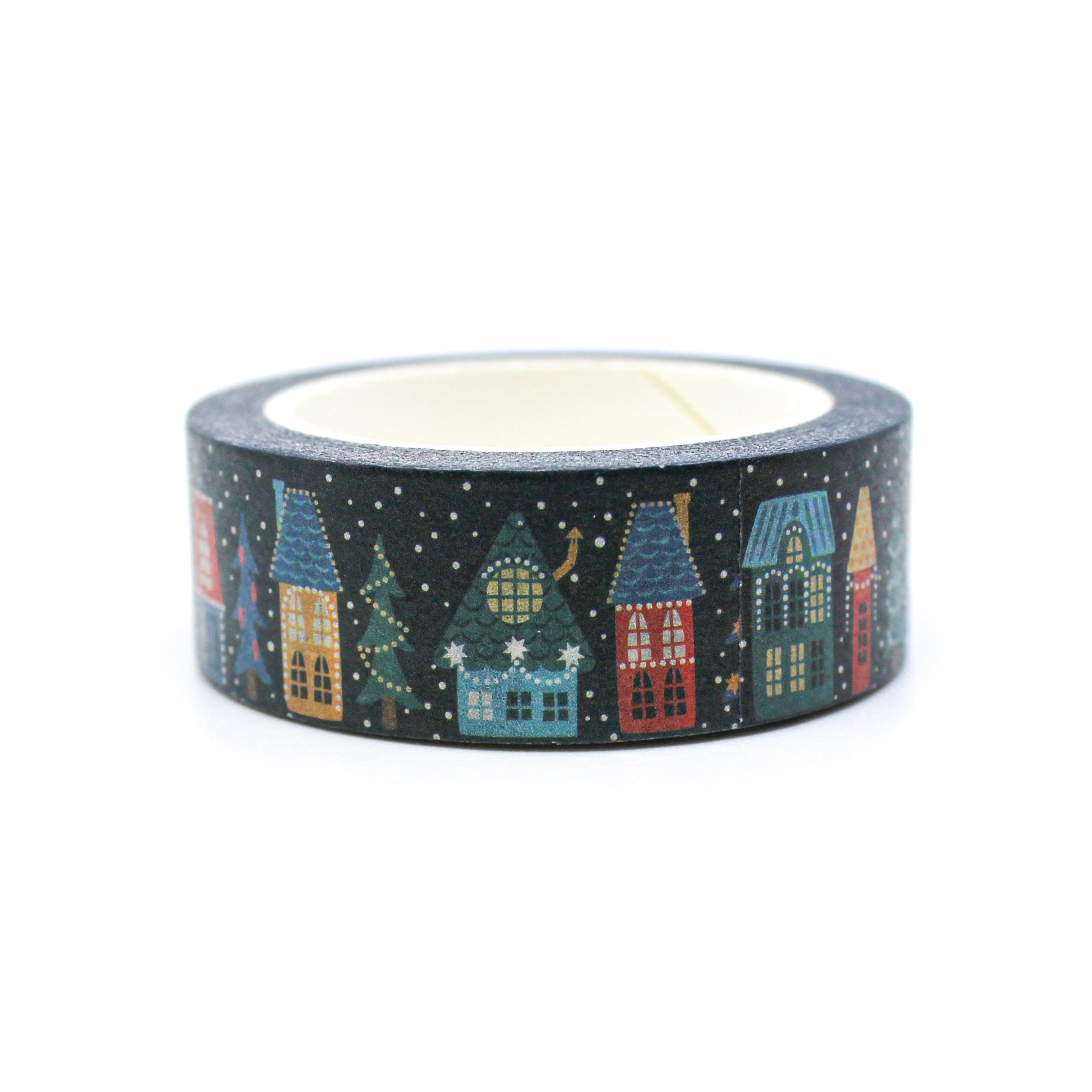 Cute Winter Houses with lights and snow Washi Tape for your Planner, Journal or Calendar from BBB Supplies Craft Shop.