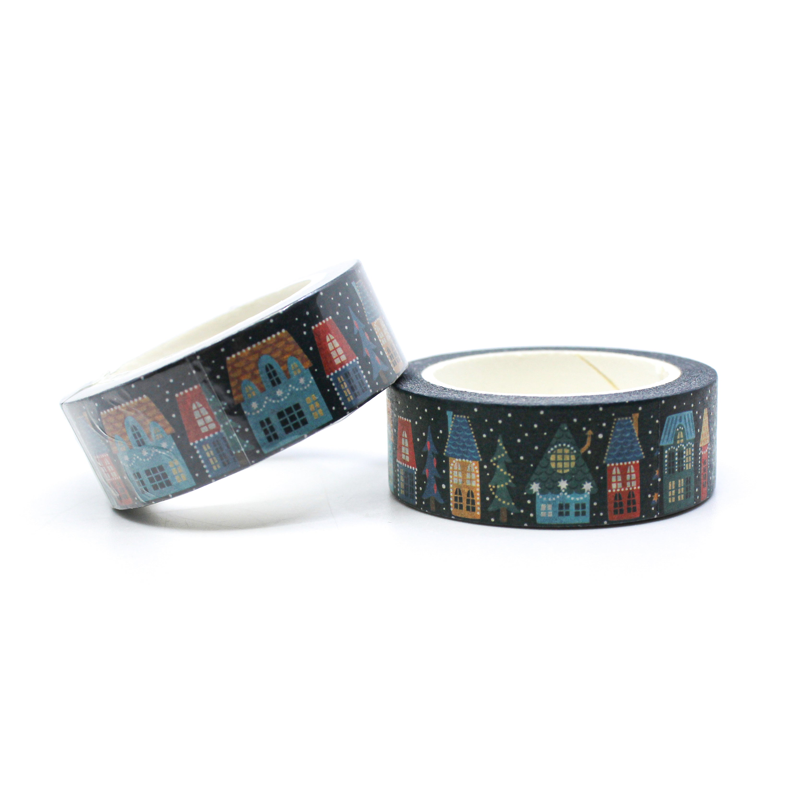 Cute Winter Houses with lights and snow Washi Tape for your Planner, Journal or Calendar from BBB Supplies Craft Shop.