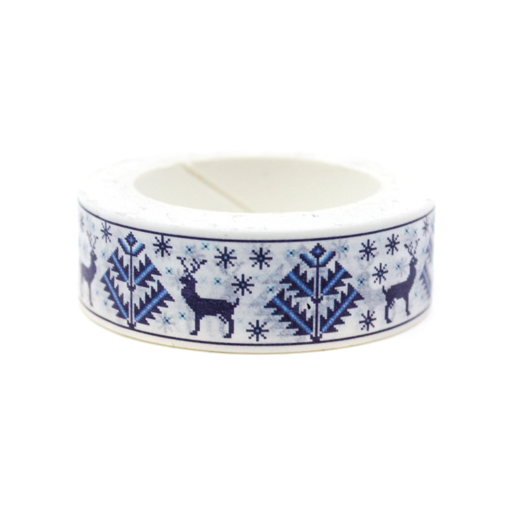 This cute blue deer washi tape is perfect for sweater weather. The blue and white winter cross stitch pattern will bring joy to any craft project, BUJO or planner spread. This tape is sold at BBB Supplies Craft Shop.