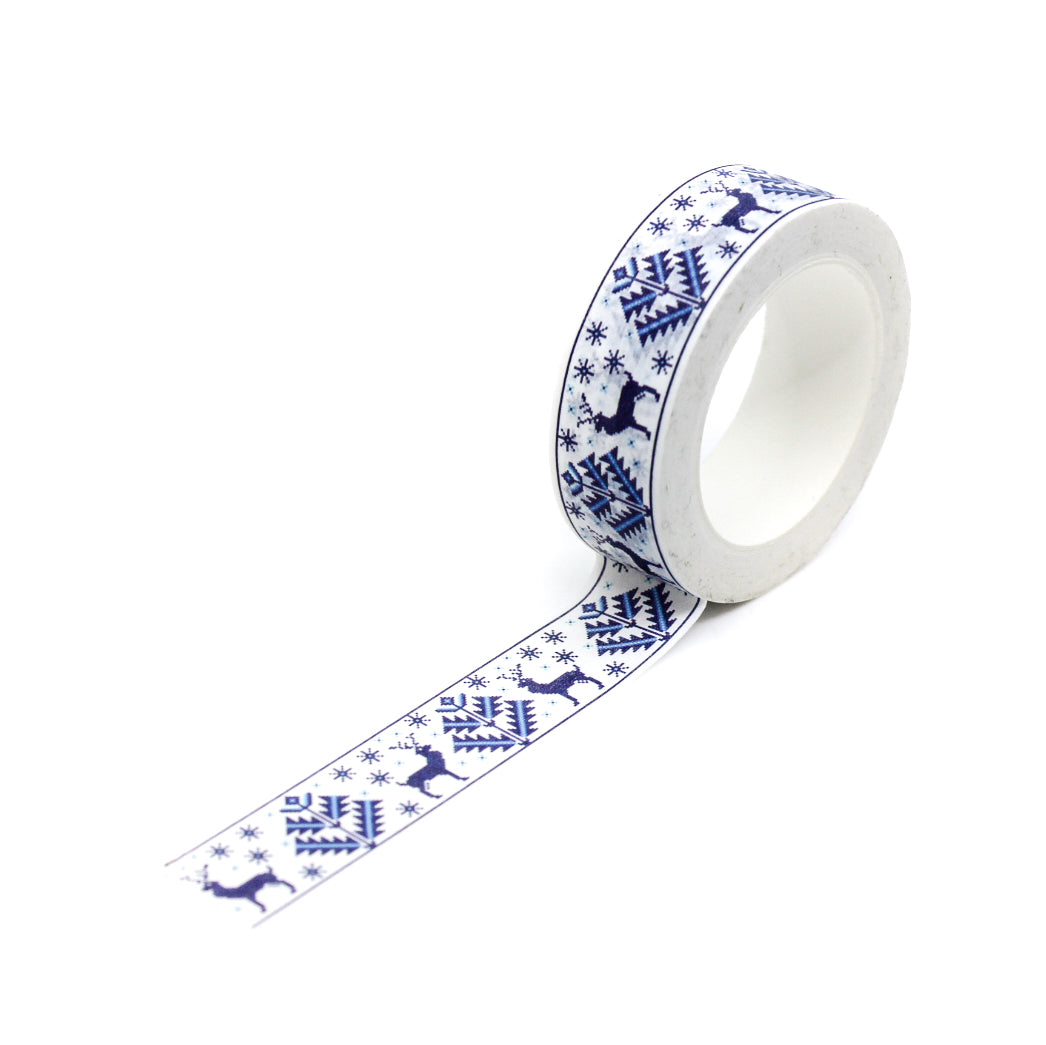 This cute blue deer washi tape is perfect for sweater weather. The blue and white winter cross stitch pattern will bring joy to any craft project, BUJO or planner spread. This tape is sold at BBB Supplies Craft Shop.
