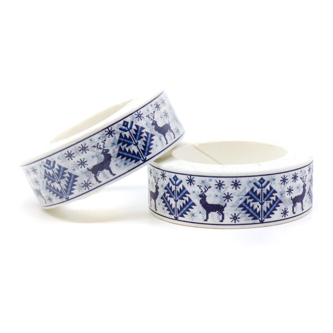 This cute blue deer washi tape is perfect for sweater weather. The blue and white winter cross stitch pattern will bring joy to any craft project, BUJO or planner spread. This tape is sold at BBB Supplies Craft Shop.