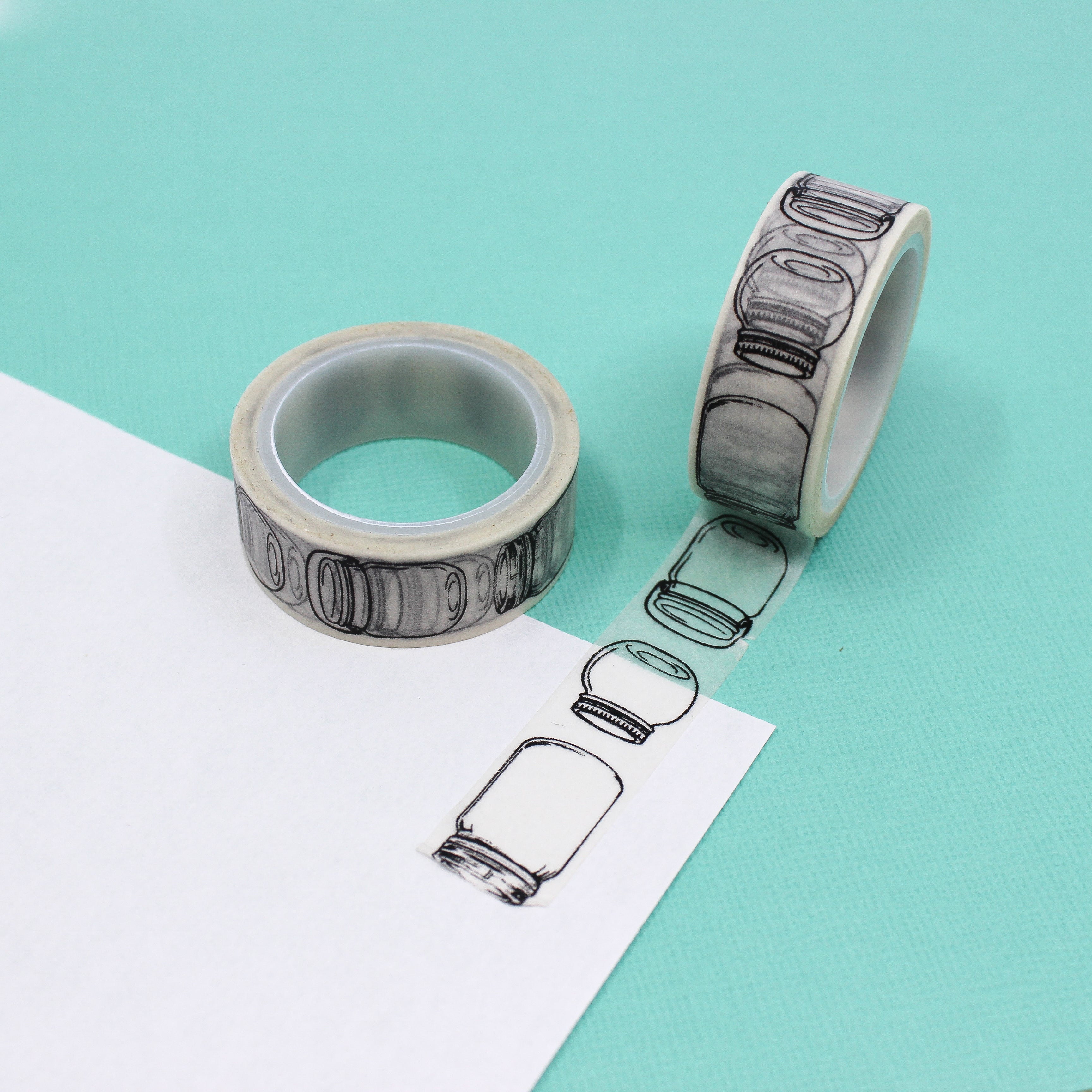 This is a black and white illustration of empty jar themed washi tape from BBB Supplies Craft Shop
