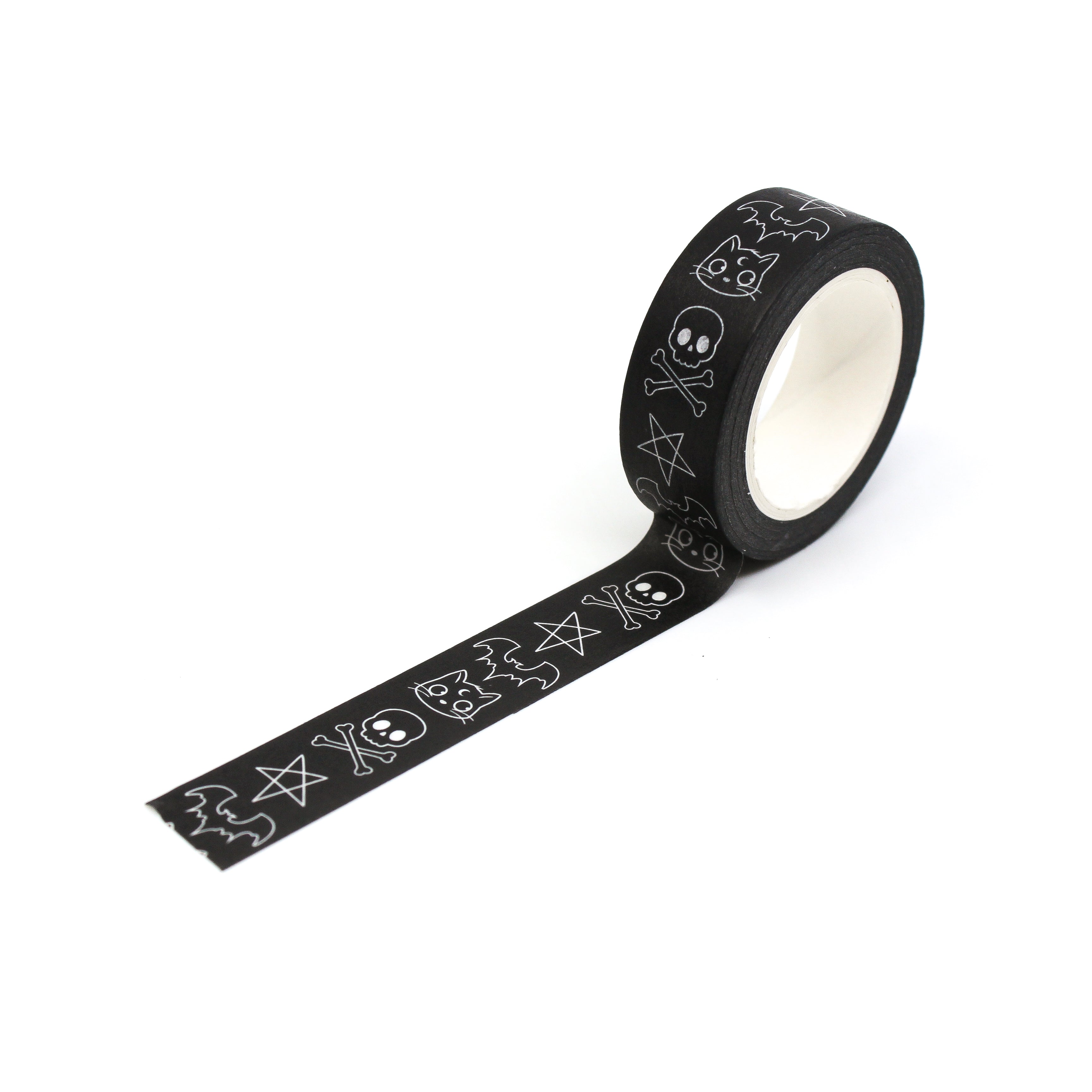 BLACK AND WHITE GRAPHIC HALLOWEEN SYMBOLS, INCLUDING BLACK CATS, BAT, SKULL AND CROSS BONES, AND HALLOWEEN STAR PENTAGRAM. | BULLET OURNAL AND JOURNALING WASHI TAPE | BBB SUPPLIES CRAFT SUPPLIES