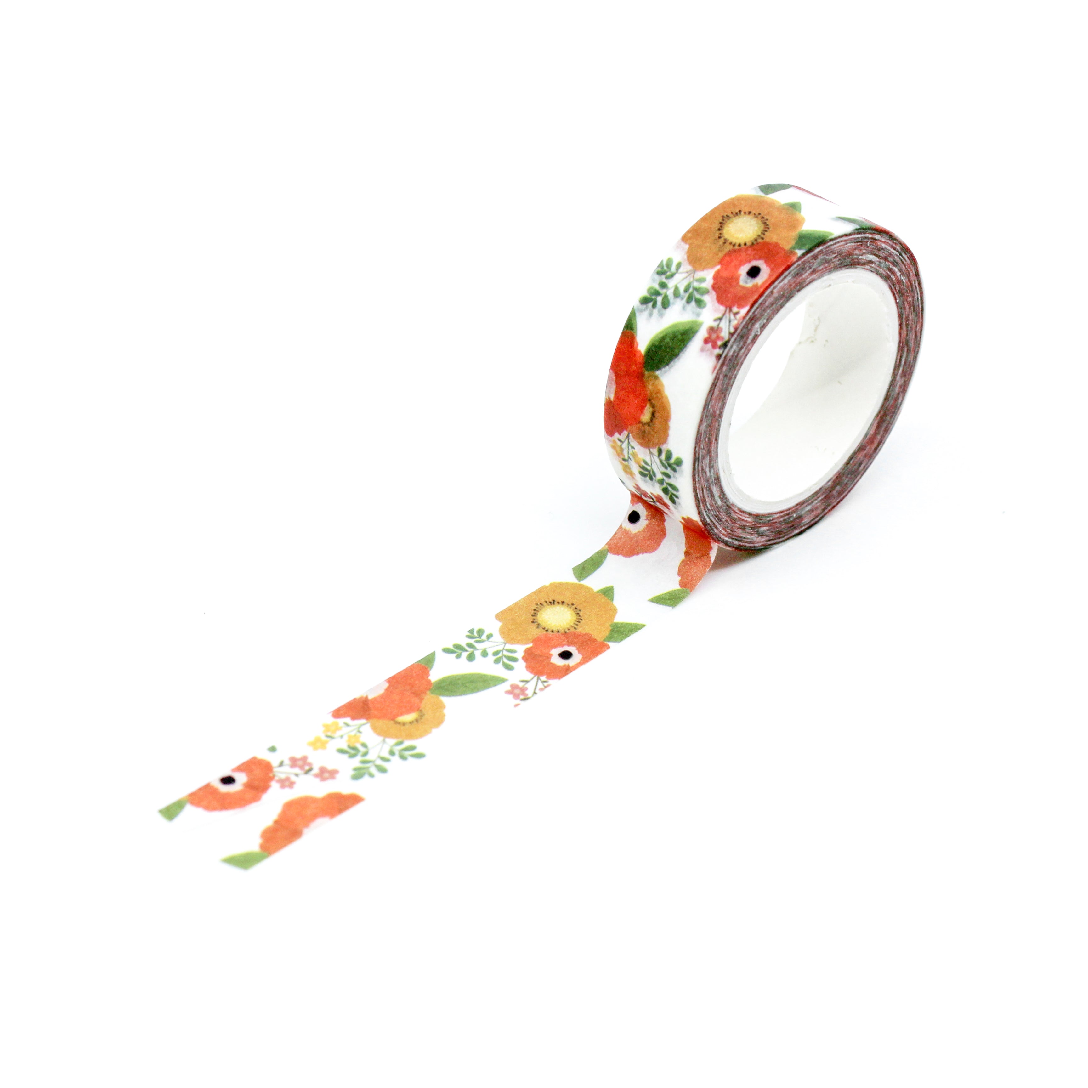 This a full pattern repeat view of an orange floral collections pattern washi tape from BBB Supplies Craft Shop