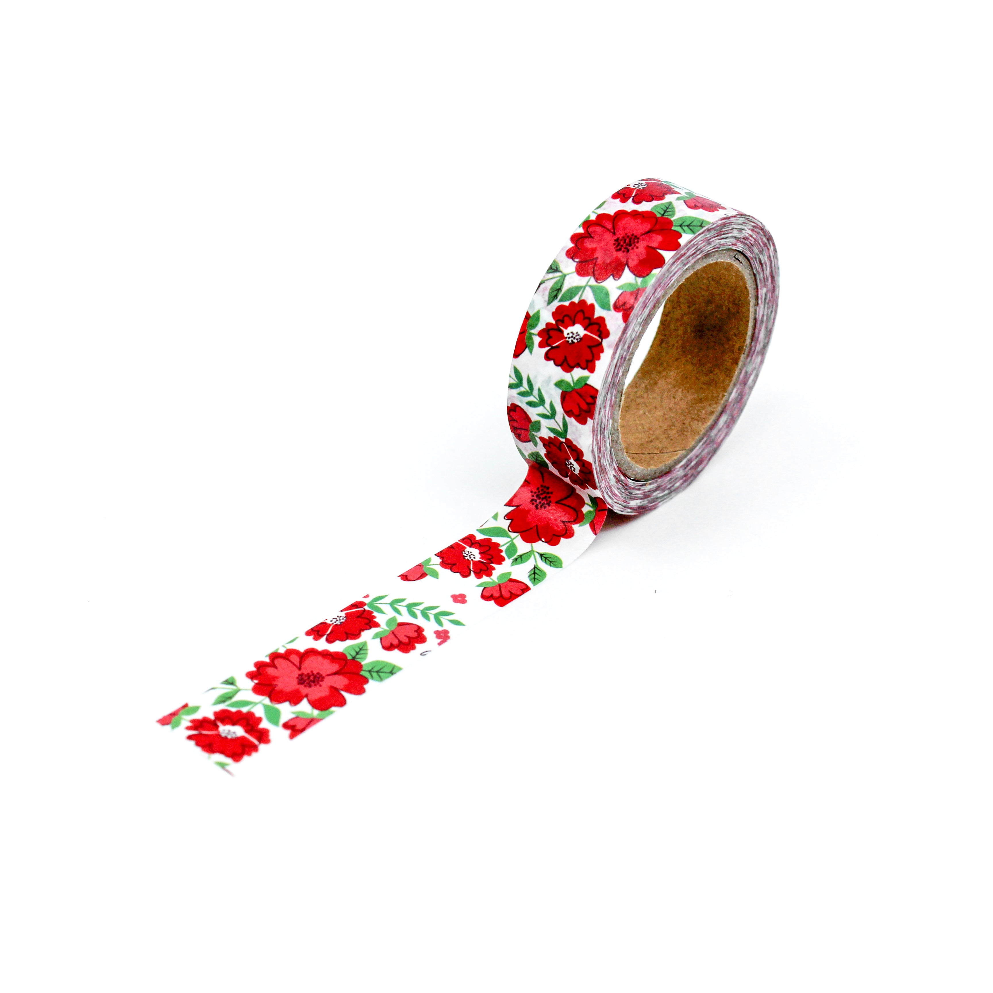 This a full pattern repeat view of red floral collections pattern washi tape from BBB Supplies Craft Shop
