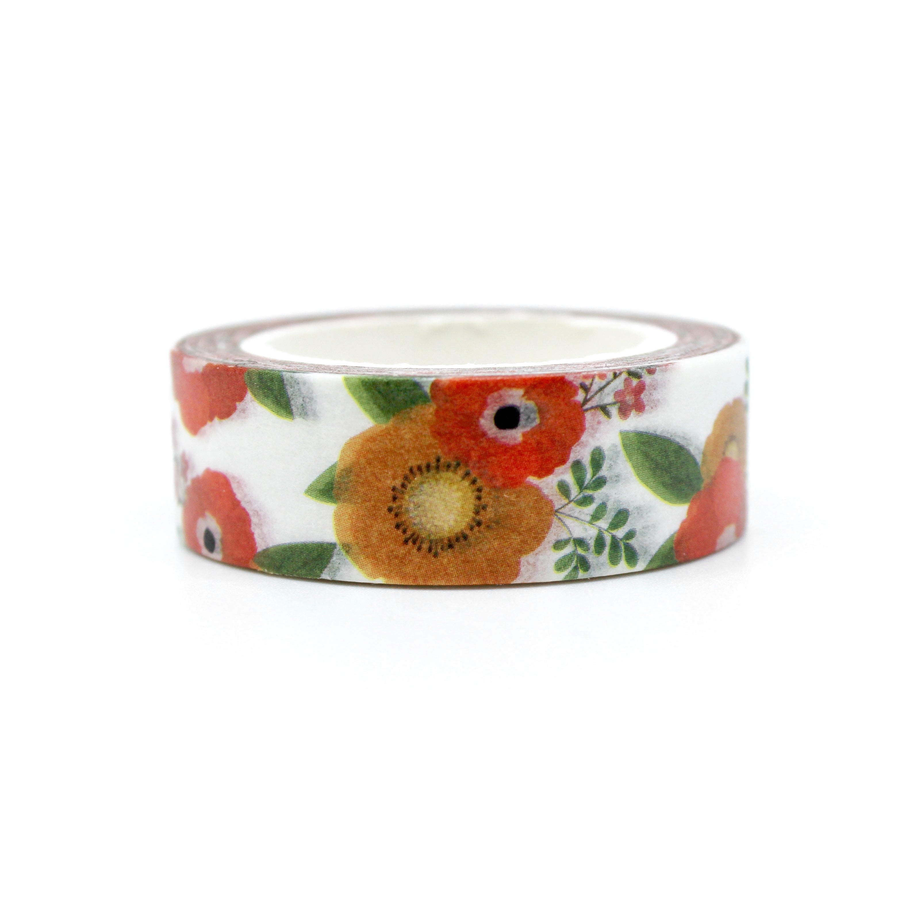 This a pretty view of an orange floral collections pattern washi tape from BBB Supplies Craft Shop
