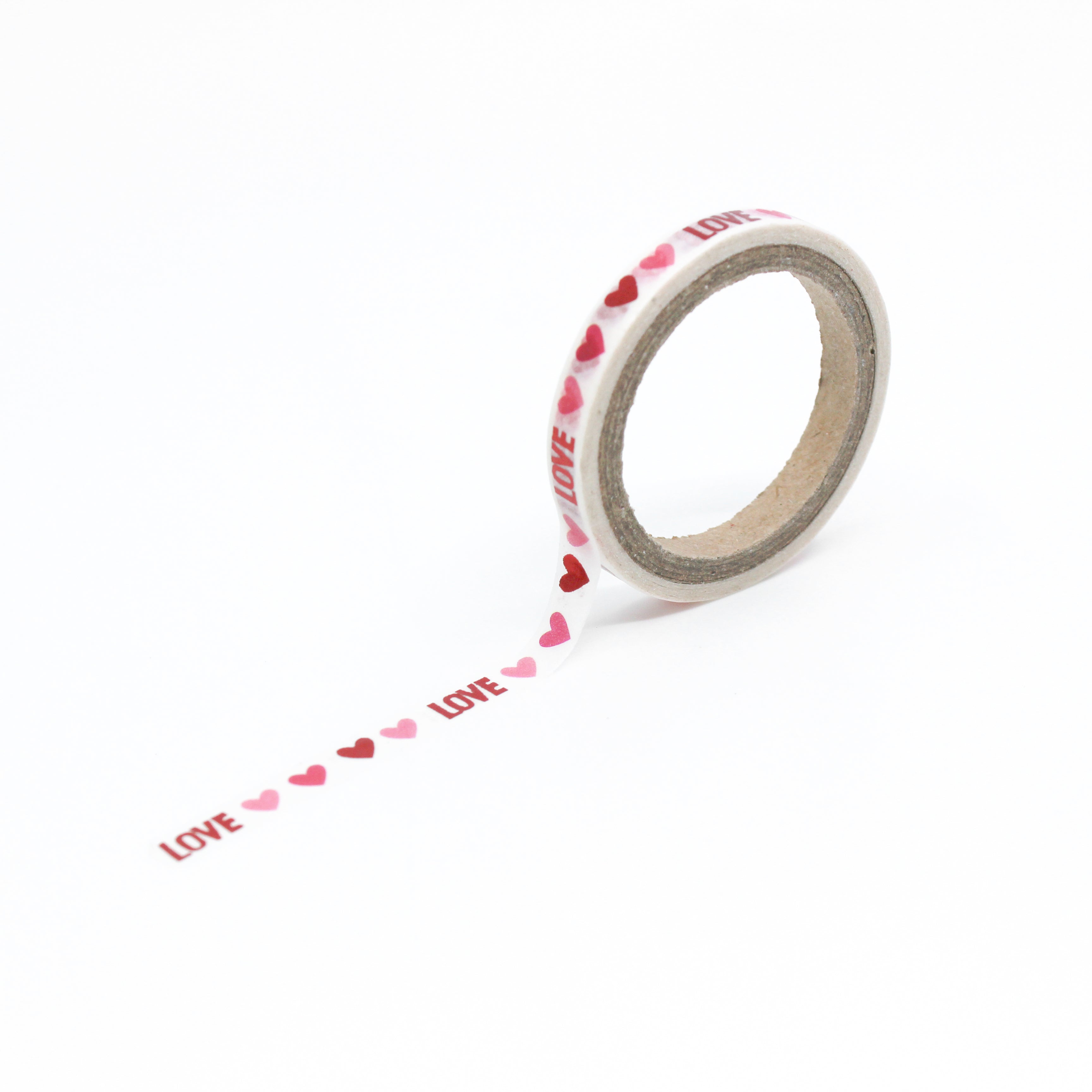 This is a full pattern repeat view of white background love foil pink and red hearts themed washi tape from BBB Supplies Craft Shop