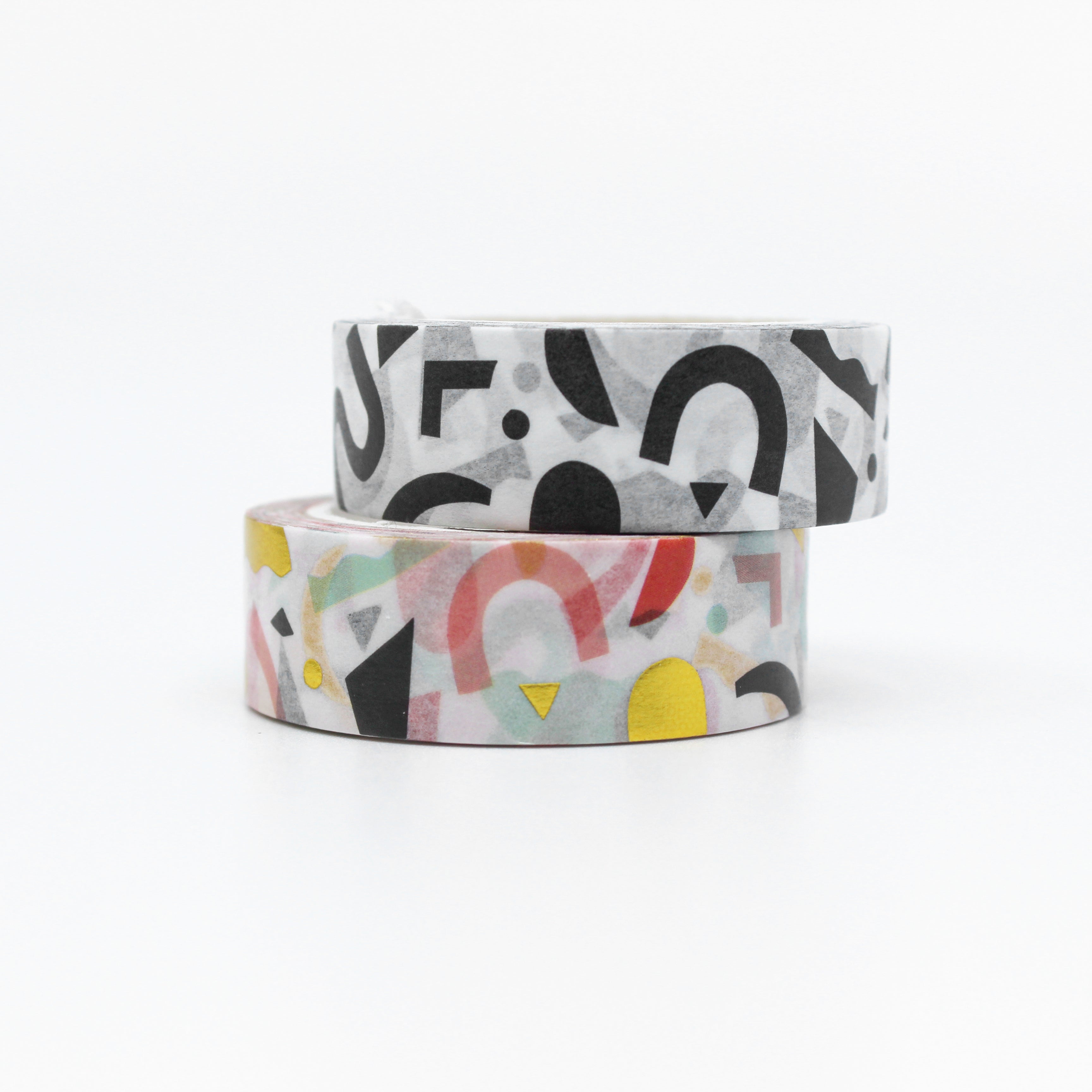 This is a photo of both styles of modern geometric shapes tape from worthwhile papers in pinks and pastels plus black and white sold at BBB Supplies