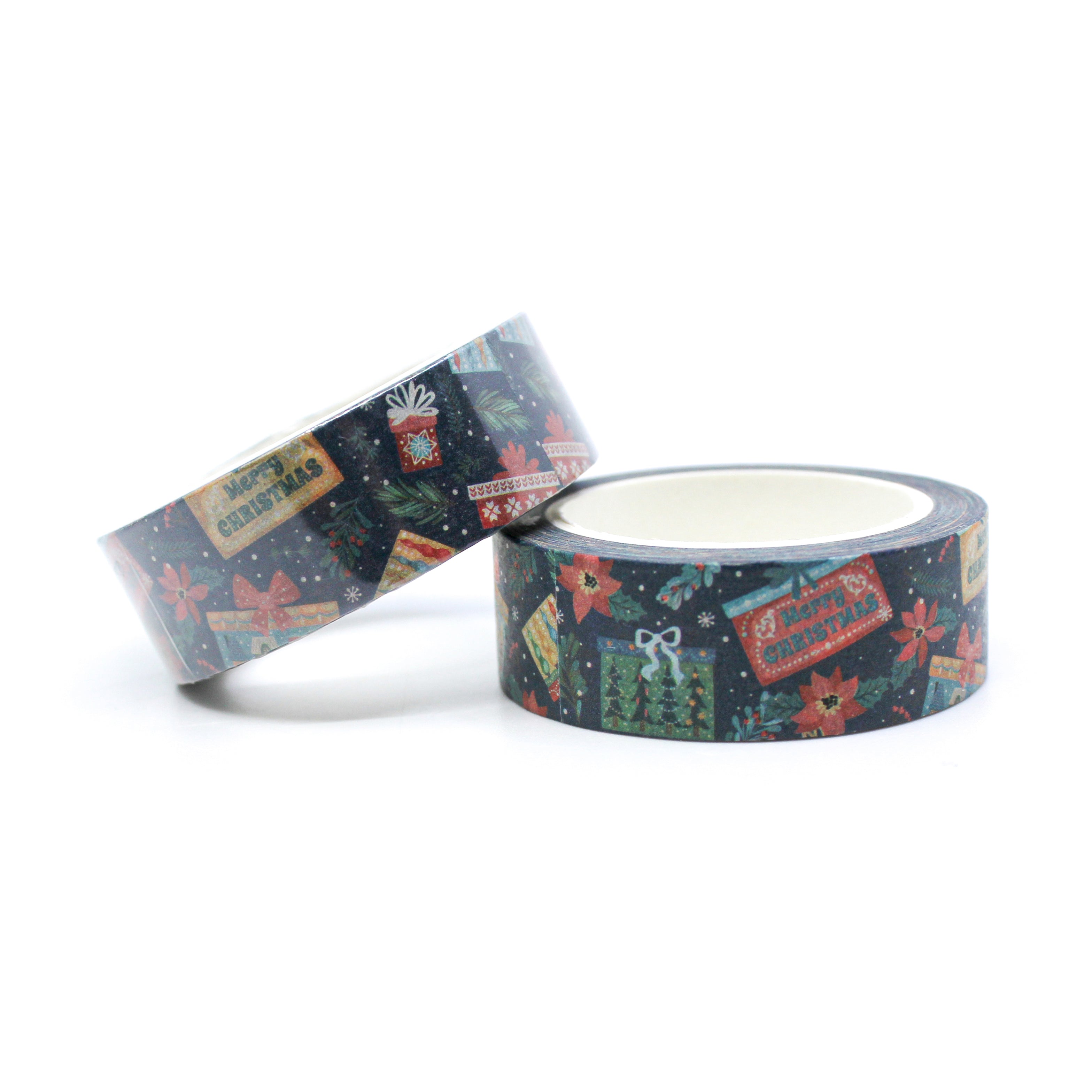 This cute Merry Christmas Gifts washi tape with poinsettias and Holly will bring Joy to any spread from BBB Supplies Craft Shop.