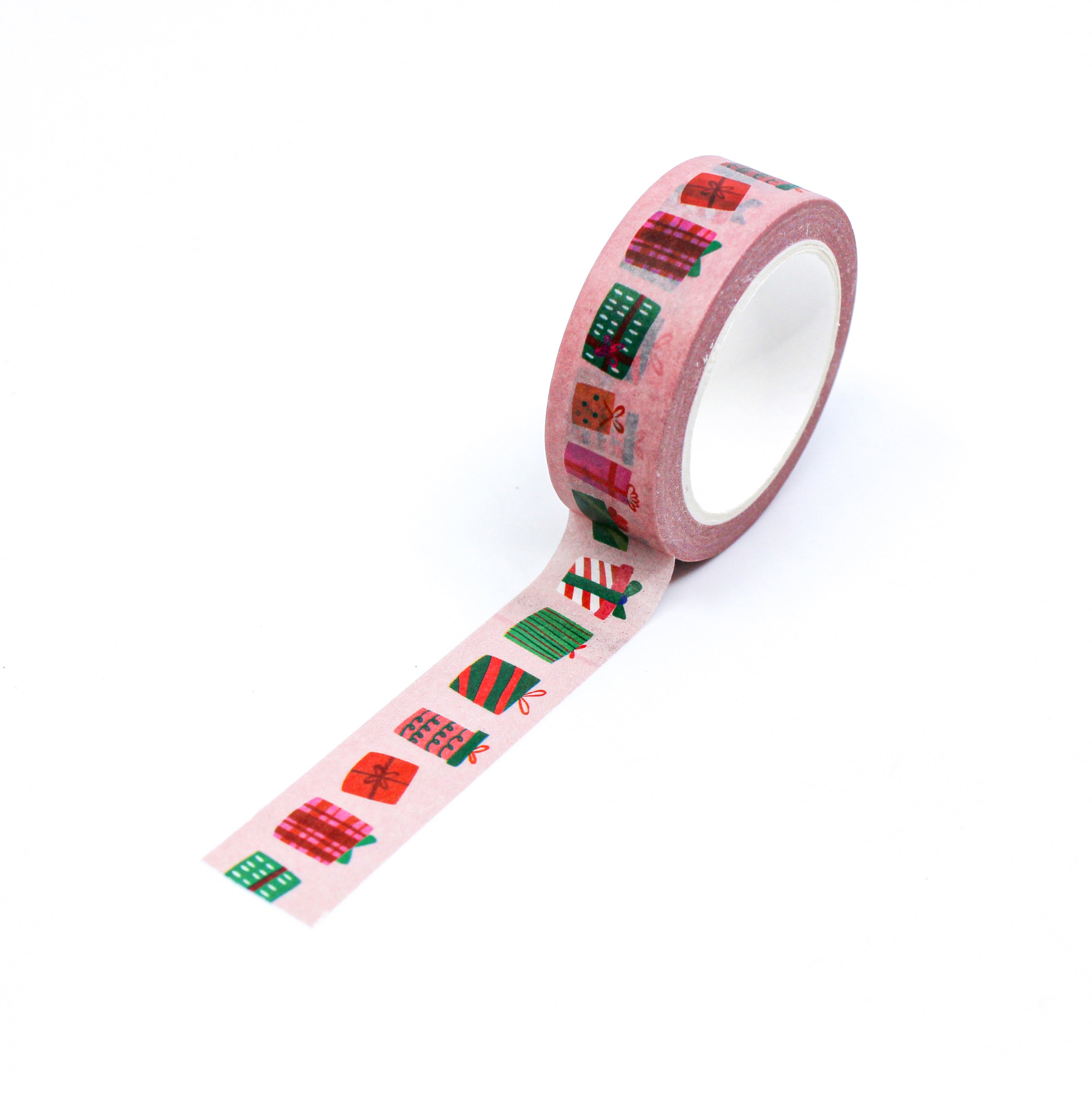 This is a full view pattern of pink foil washi Holiday presents and gifts paper tape from BBB Supplies Craft Shop