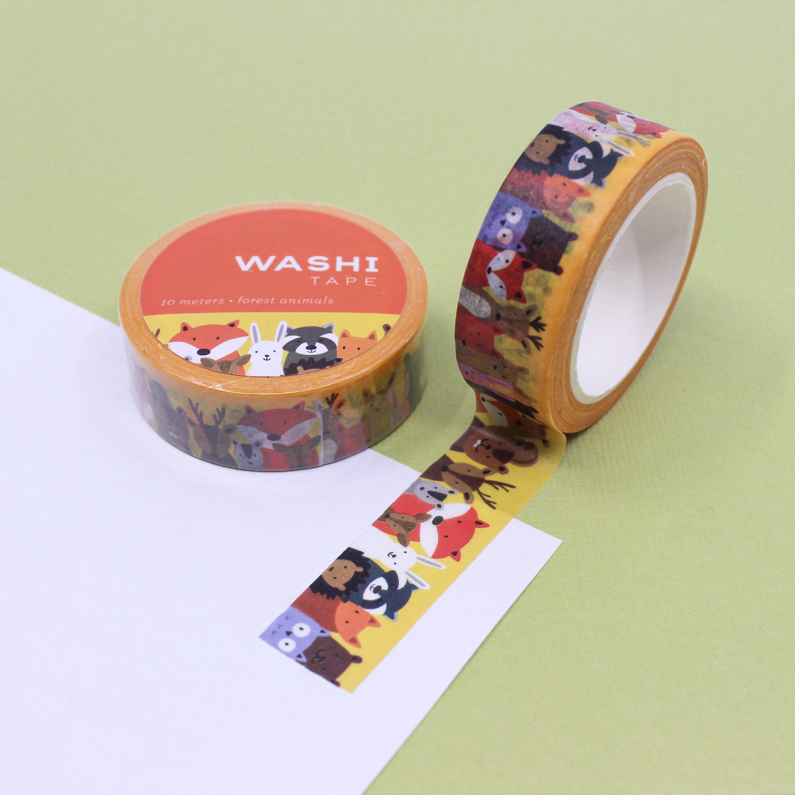 Woodland Forest Creatures Washi Tape featuring adorable animals like deer, foxes, owls, and rabbits among trees and mushrooms, perfect for nature-themed crafting projects.