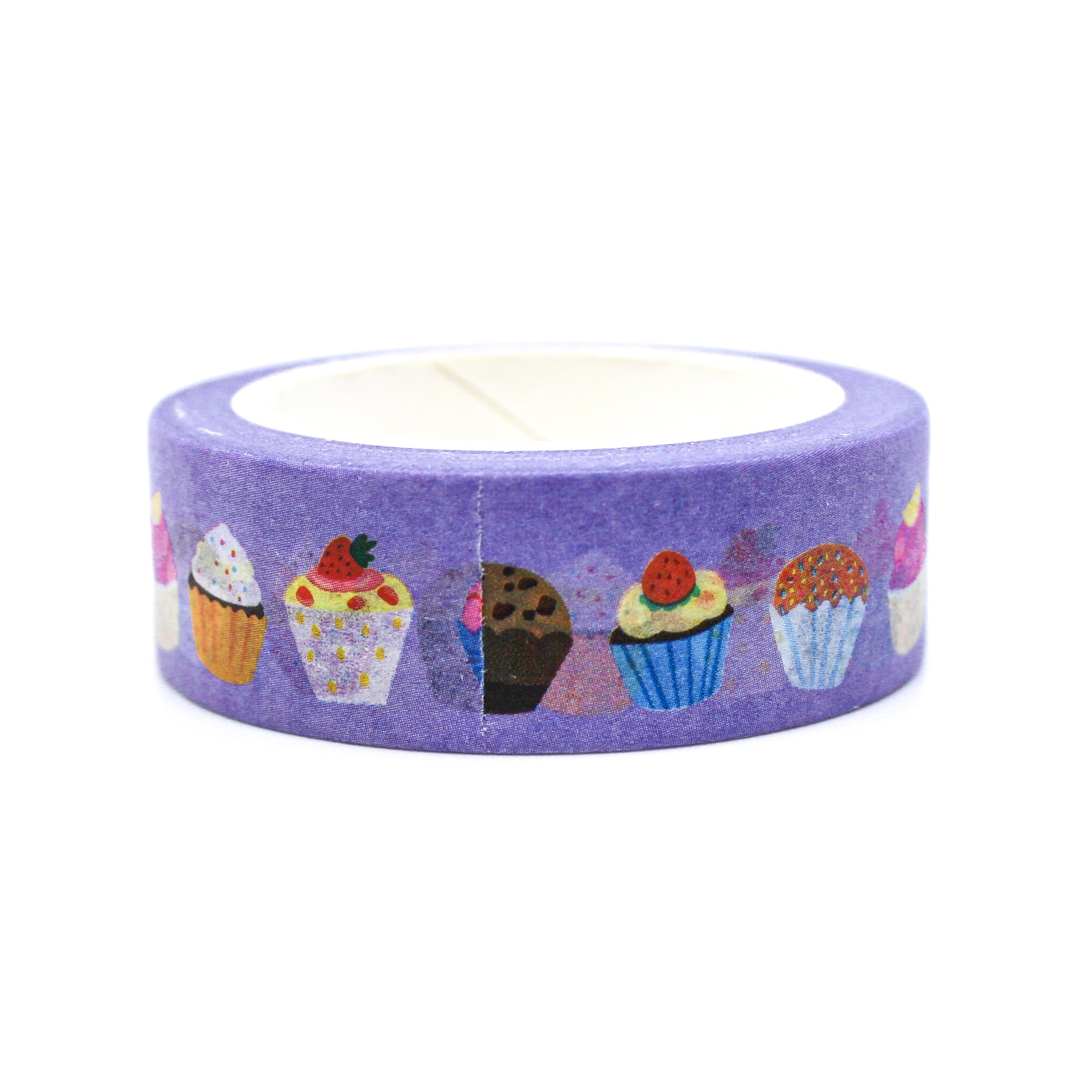 This is a collection of lemon and chocolate cupcakes with toppings on a purple foil washi tape from BBB Supplies Craft Shop