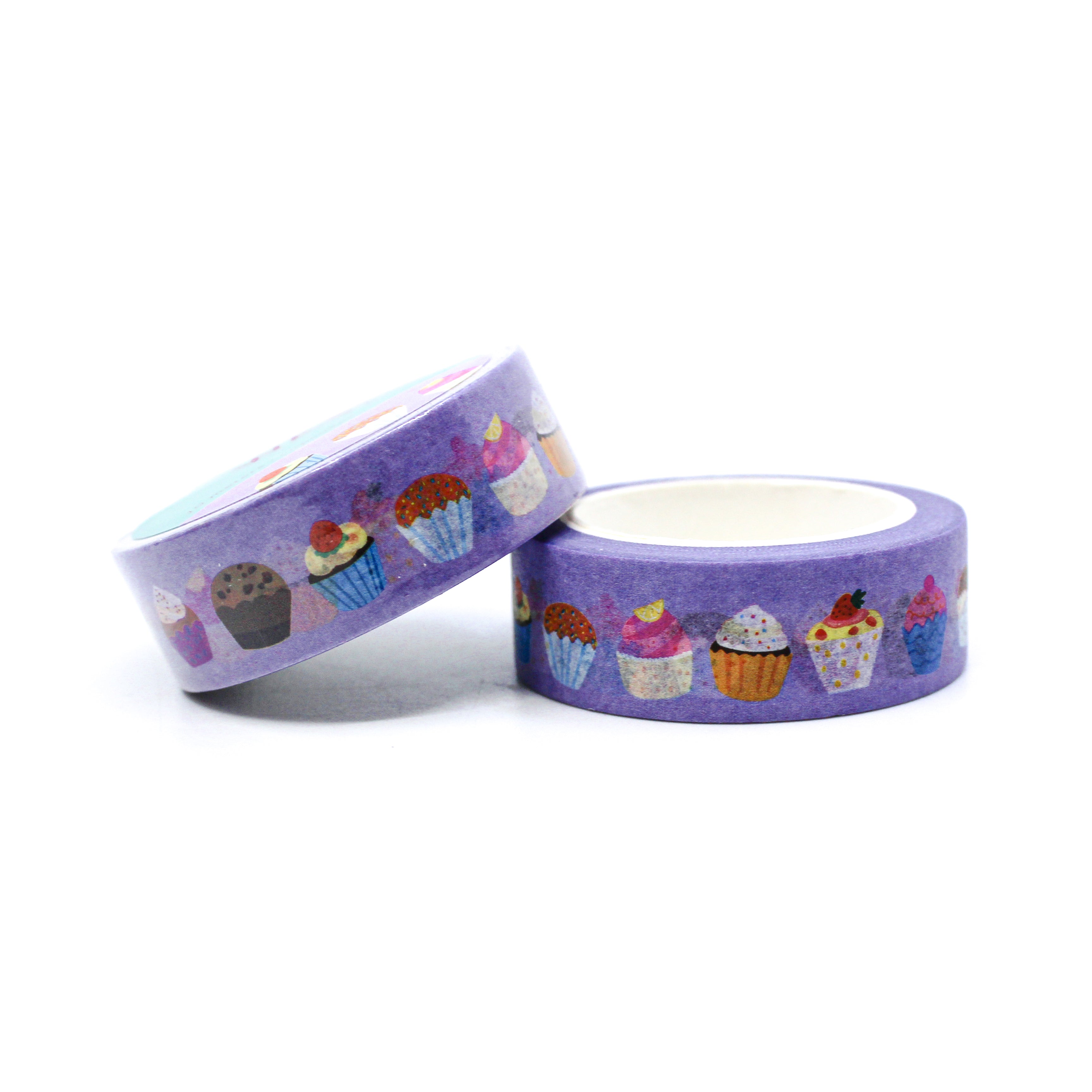 This is a collection of lemon and chocolate cupcakes with toppings on a purple foil washi tape for Journal Supplies, Scrapbooking washi tapes from BBB Supplies Craft Shop