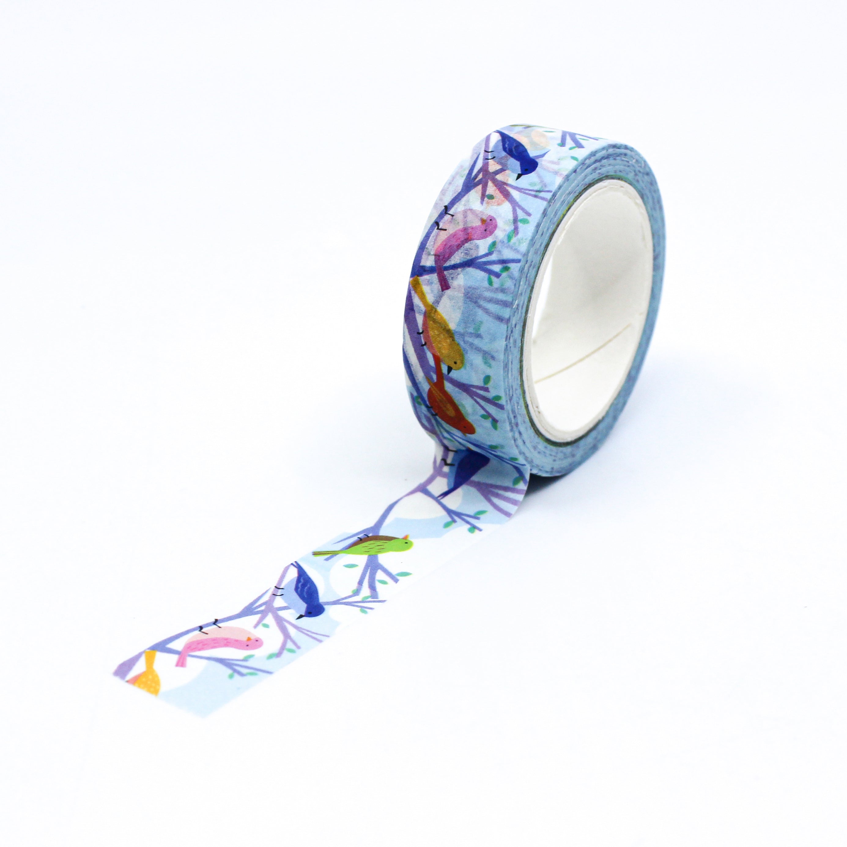 This is a repeat full pattern view of colorful singing birds washi tape from BBB Supplies Craft Shop
