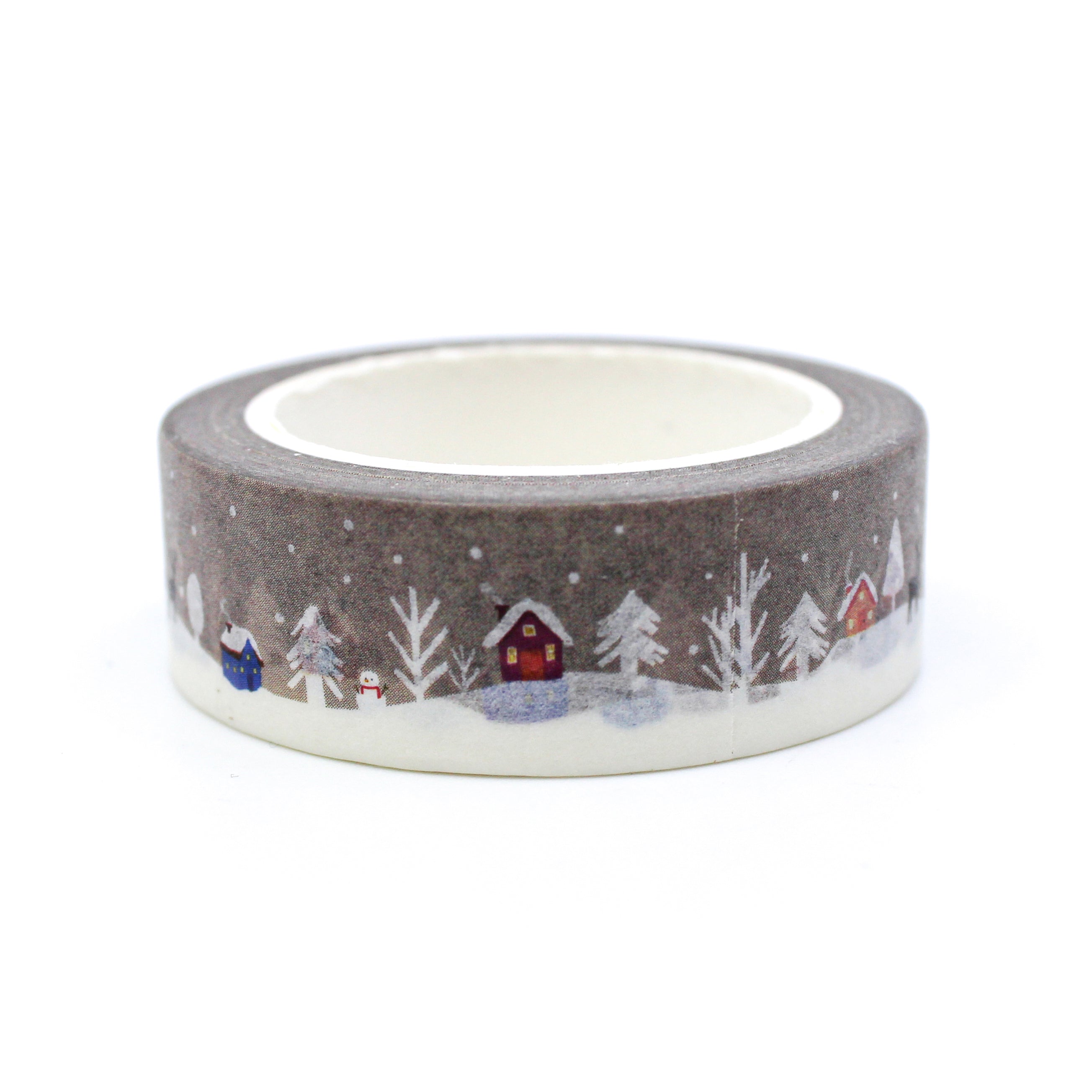 This is a view of winter season white Christmas pine tree and houses pattern washi tape from BBB Supplies Craft Shop