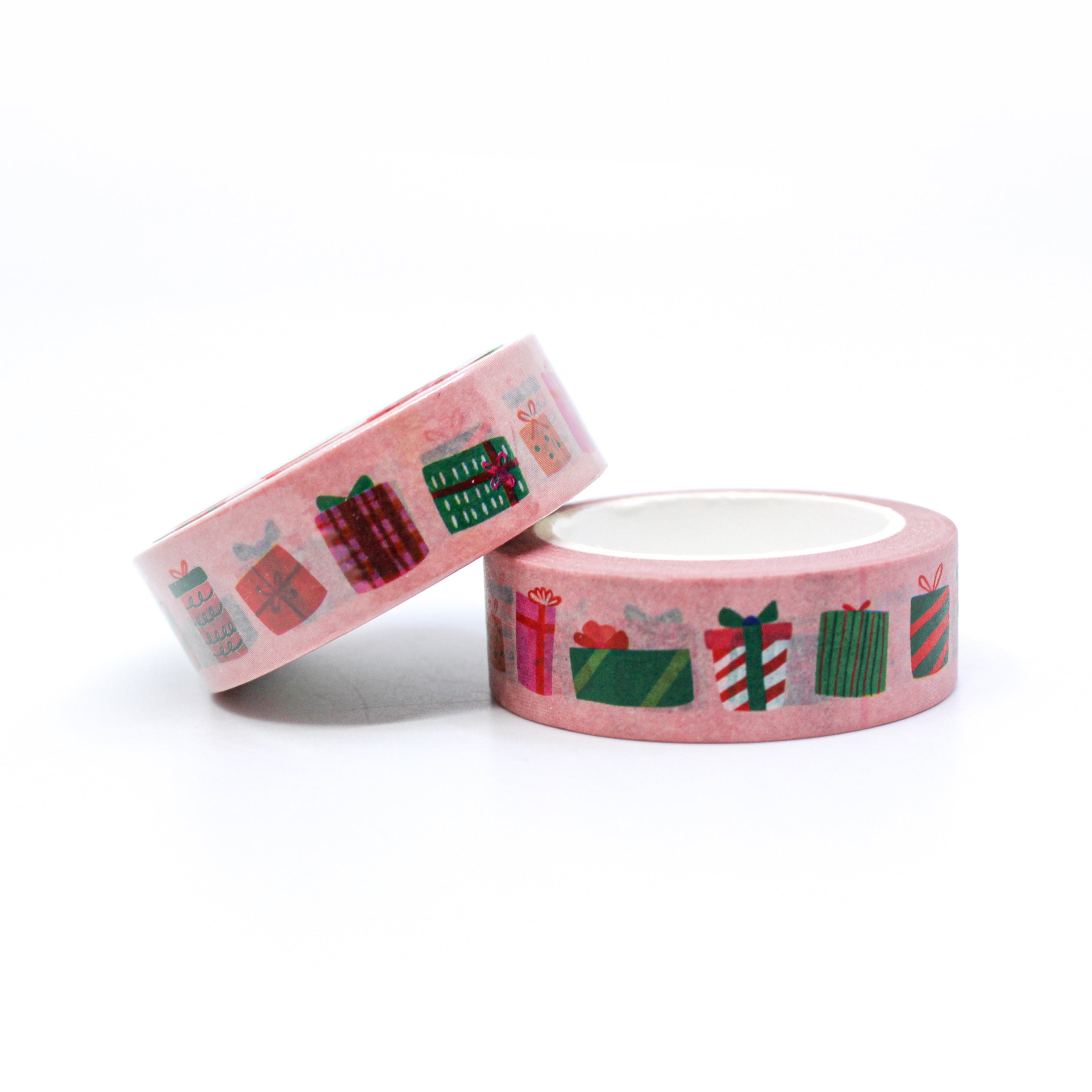 This is a cute pink foil with various Christmas Holiday presents and gifts washi tape for Journal Supplies, Scrapbooking washi tapes from BBB Supplies Craft Shop