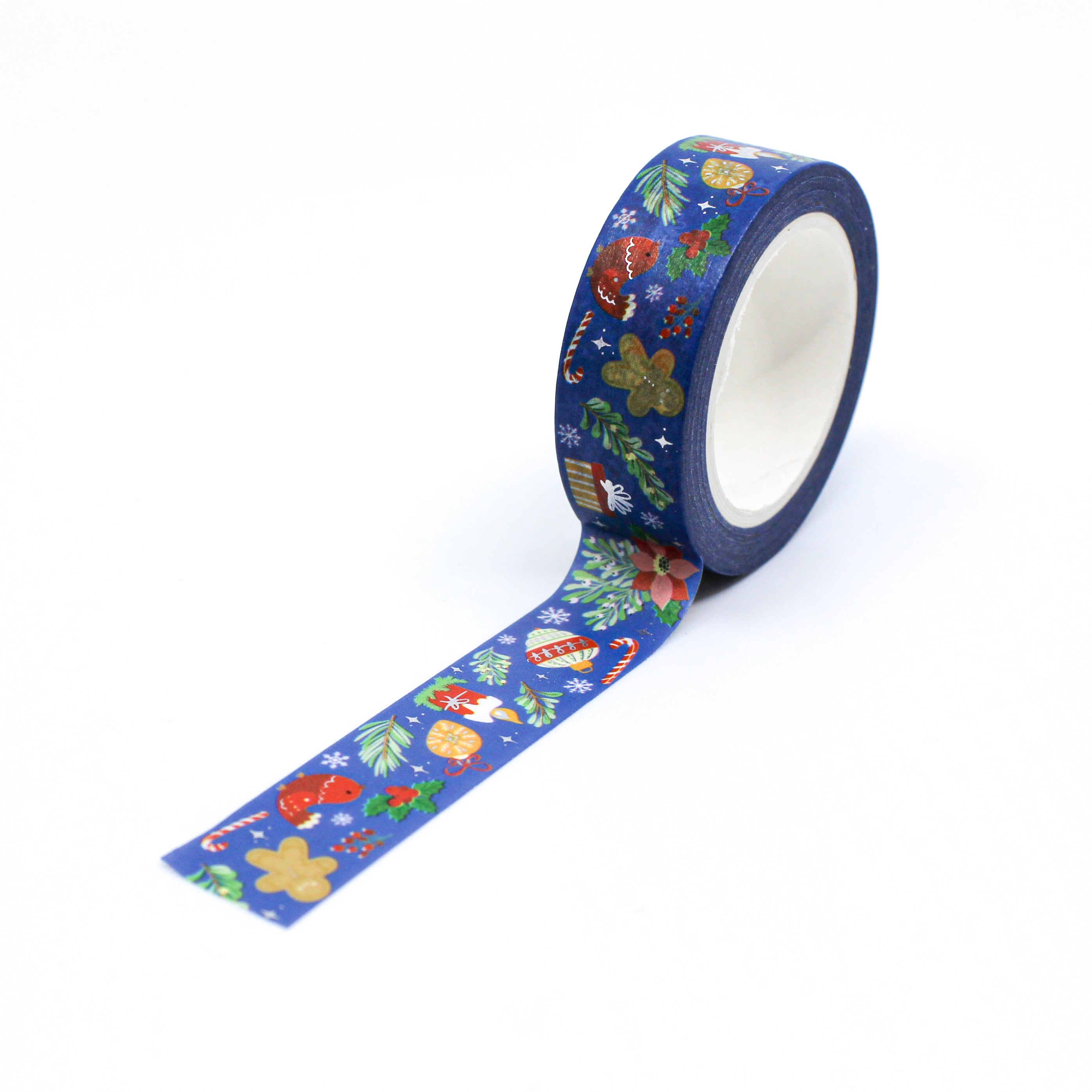 This is a washi tape with many joyful symbols including gingerbread man, holiday and presents, candle and ornaments Christmas Tape from BBB Supplies Craft and Washi Tape Shop.